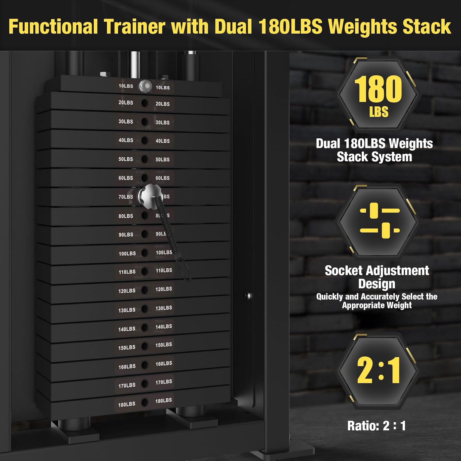 Cable Crossover Exercise Machine for Home & Commercial Gym, Functional Trainer Cable Machine, Functional Training Center All in One Home Gym Cable Machine, 180lbs Dual Weights Stack for Cable Workout