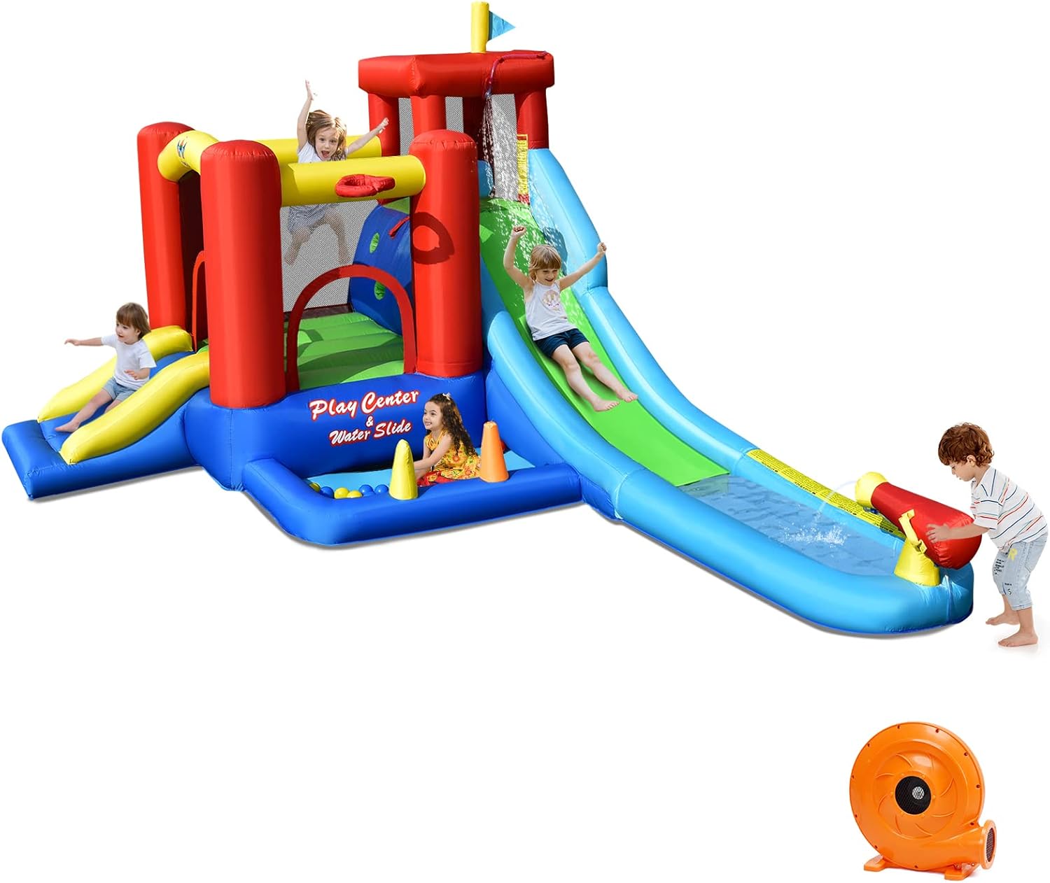 HONEY JOY Water Bounce House, 9 in 1 Giant Inflatable Water Park for Outdoor w/Ball Pit, Splash Pool, Climbing Wall, Blow up Water Slides Inflatables for Kids and Adults Backyard(with 860w Blower)