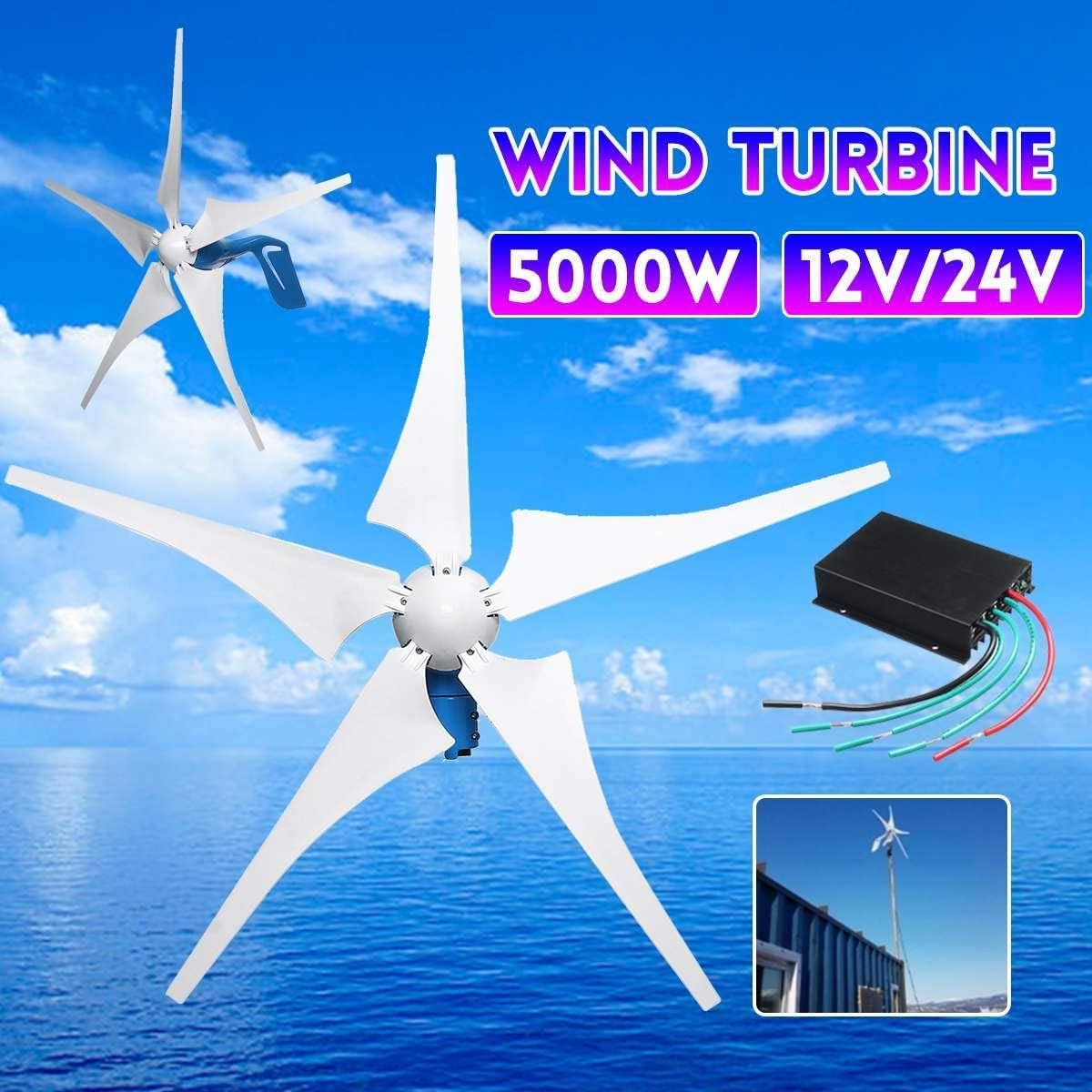 Low Noise High RPM 5Blades Horizontal Wind Turbine, 3 Phase Gearless Permanent Electric Power Generator 12000W 48V Complete Set for Homeuse