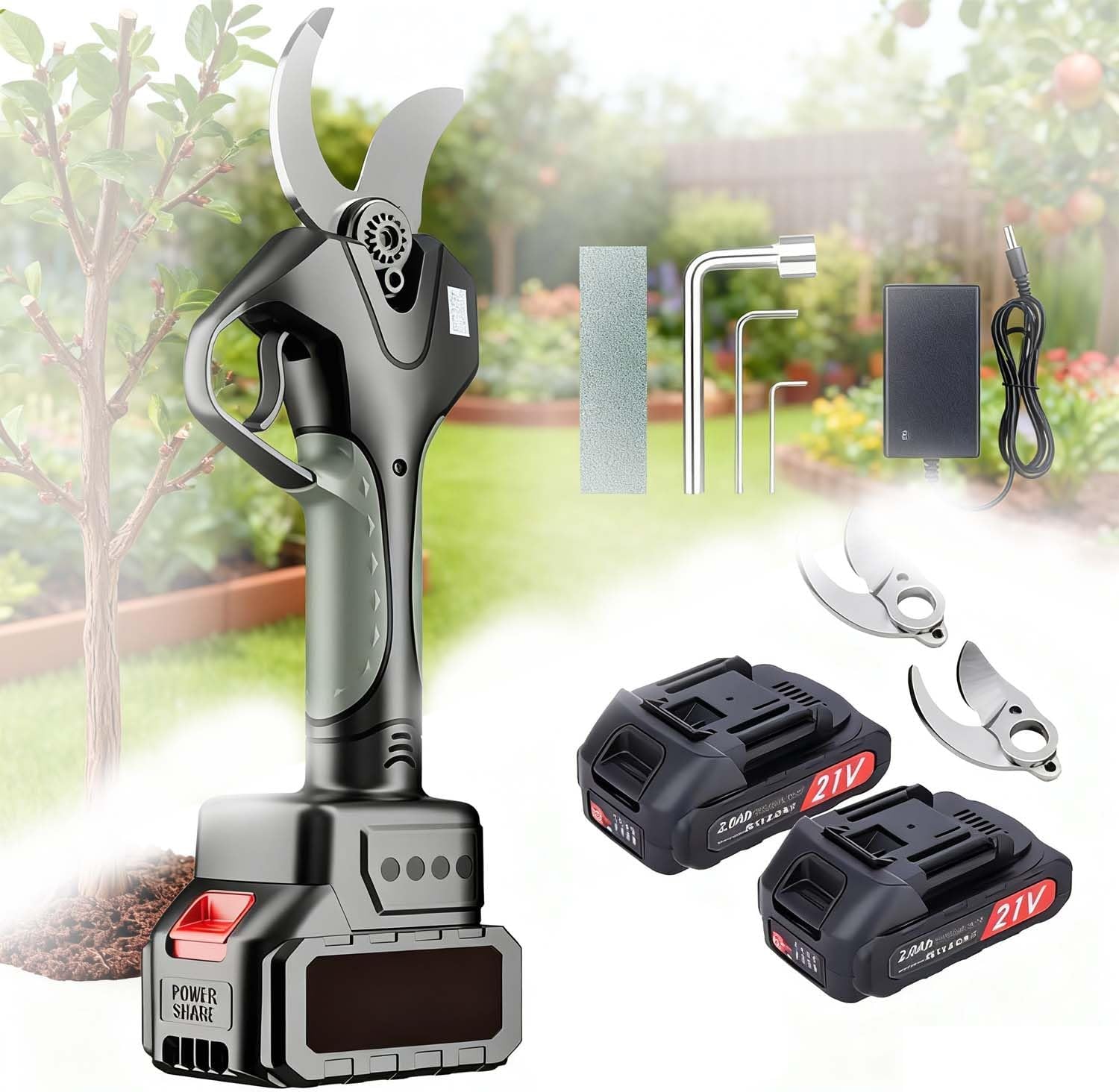 Professional Electric Pruning Shears 3 Inch Cut Telescopic Pole Pruner With LCD, SK5 Carbon Steel Blades 1500mAh Battery Brushless Motor for High Reach Branch Trimming(With out pole)