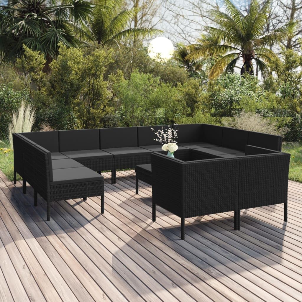 12 Piece Patio Lounge Set with Cushions Poly Rattan Black,AllWeather Patio Lounge Set for Relaxing and Entertaining Patio Furniture Sets, Outdoor Furniture Sets