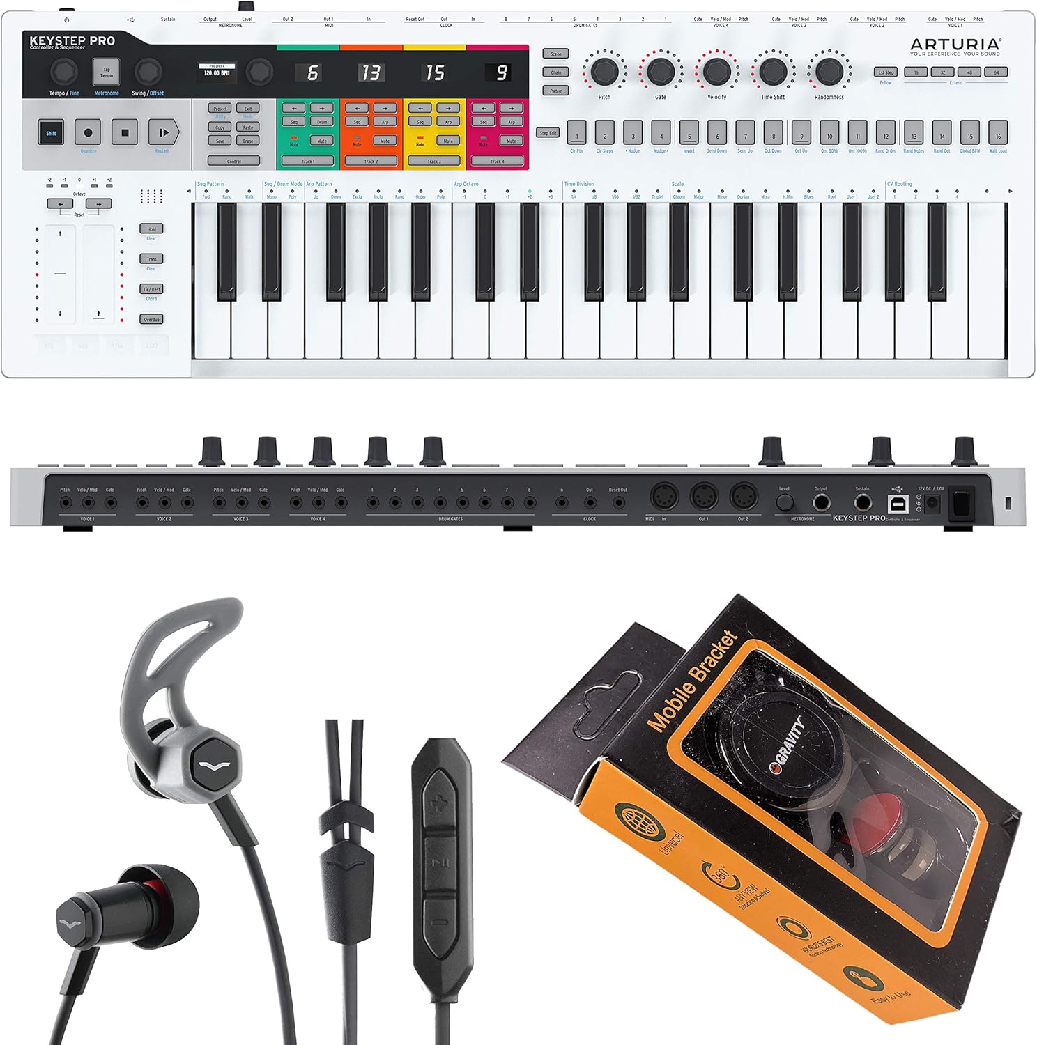 Arturia 37-Key KeyStepPro Sequencer USB/MIDI/CV Keyboard Controller, with Aftertouch KeyStep Pro with V-Moda Forza in-Ear Hybrid Sport Headphones and Gravity Phone Holder Bundle PK1