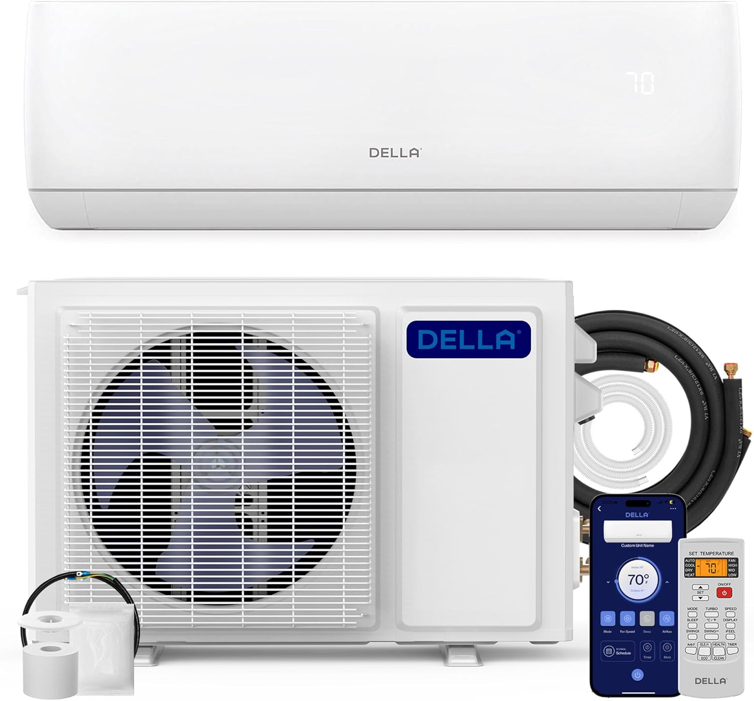 DELLA Motto Series 12000 BTU Wifi Enabled Mini Split 20 SEER2 Cools Up to 550 Sq.Ft, 110-120V, Works with Alexa, Air Conditioner & Heater with 1 Ton Pre-Charged Heat Pump