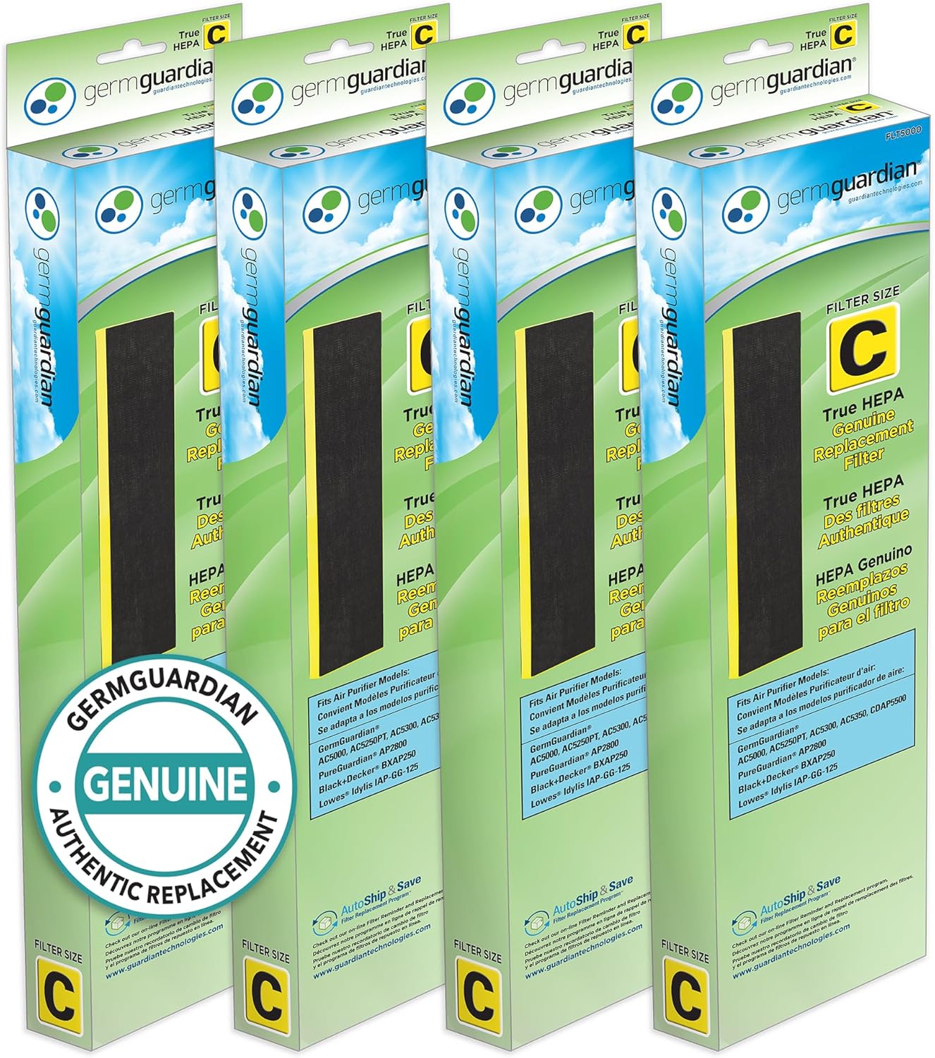 GermGuardian Filter C HEPA Pure Genuine Air Purifier Filter, Removes 99.97% of Pollutants, Wildfire Smoke, Odors, for AC5250PT, AC5000, AC5300, AC5350, AP2800, 4-Pack, Black/Yellow, FLT50004PK