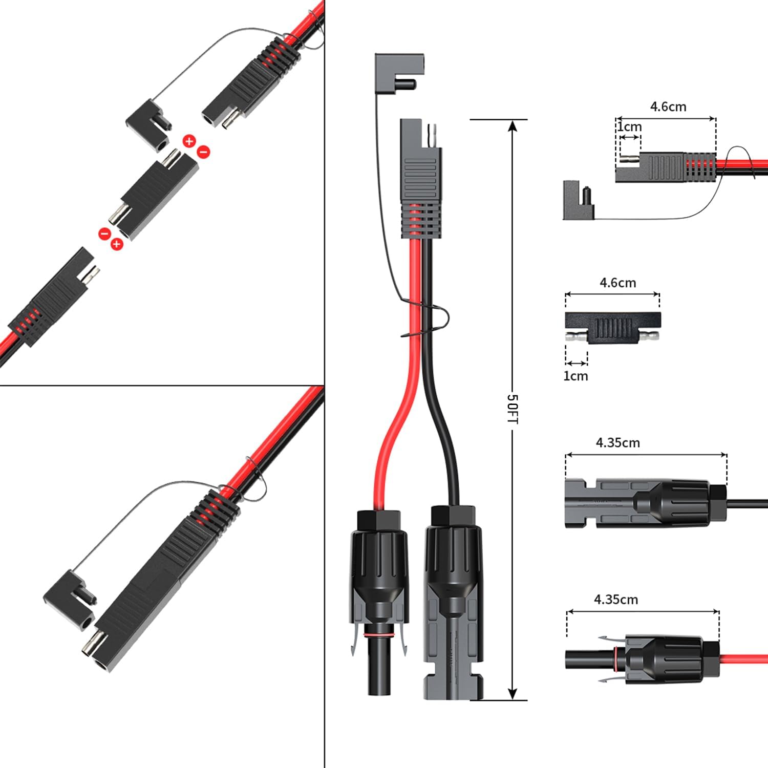 10AWG 50FT Solar Connector to SAE Adapter 2 3.3 10 20 35 50 FT SAE Solar Panel Extension Cable with SAE Polarity Reverse Adapter for Solar Panels Car Battery Charger Kit