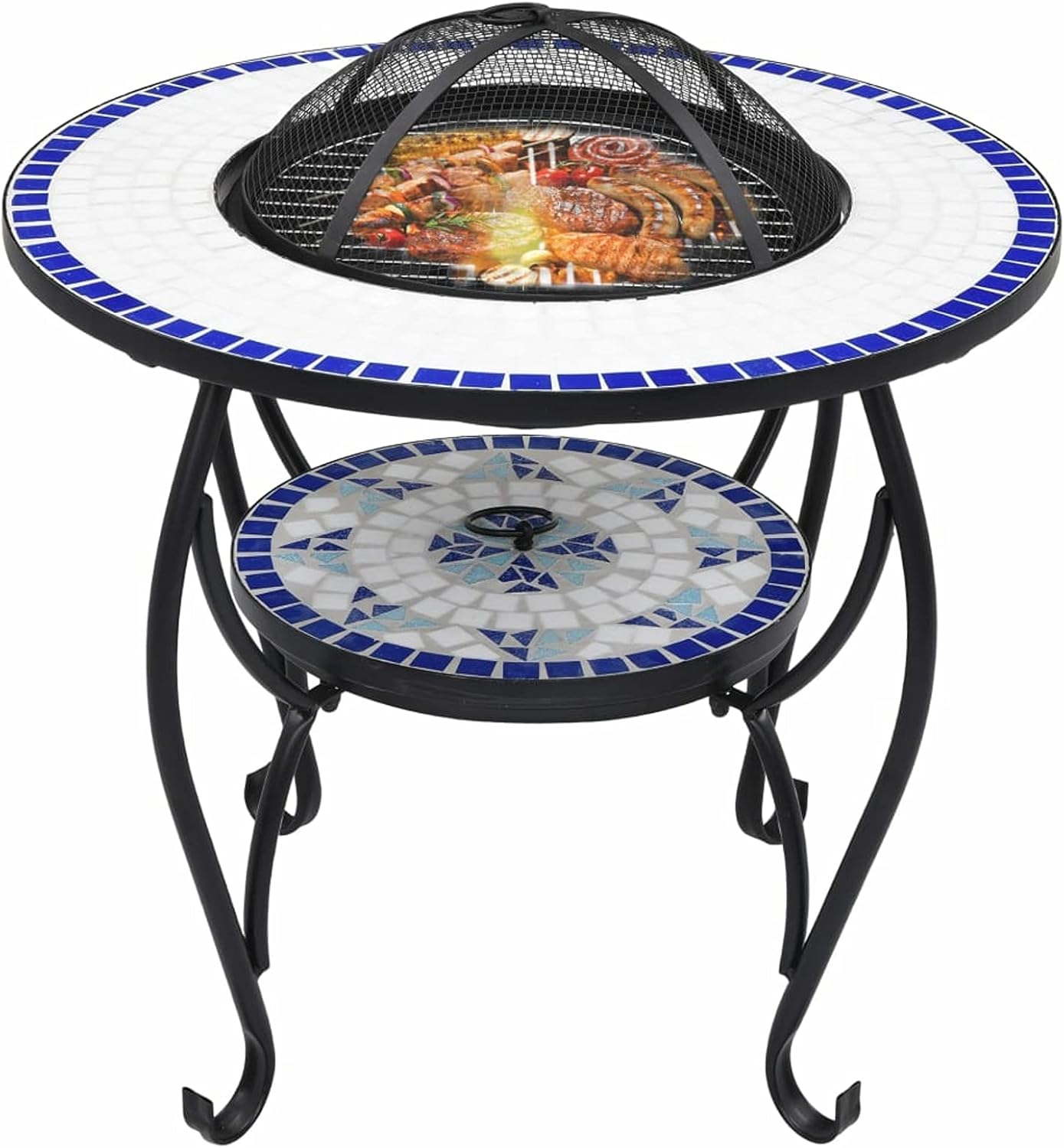 Mosaic Fire Pit Table, Ceramic Round Surface for Outdoor Heating and Barbecue, Blue and White, 26.8 Inch, Steel and Ceramic, for Garden or Patio
