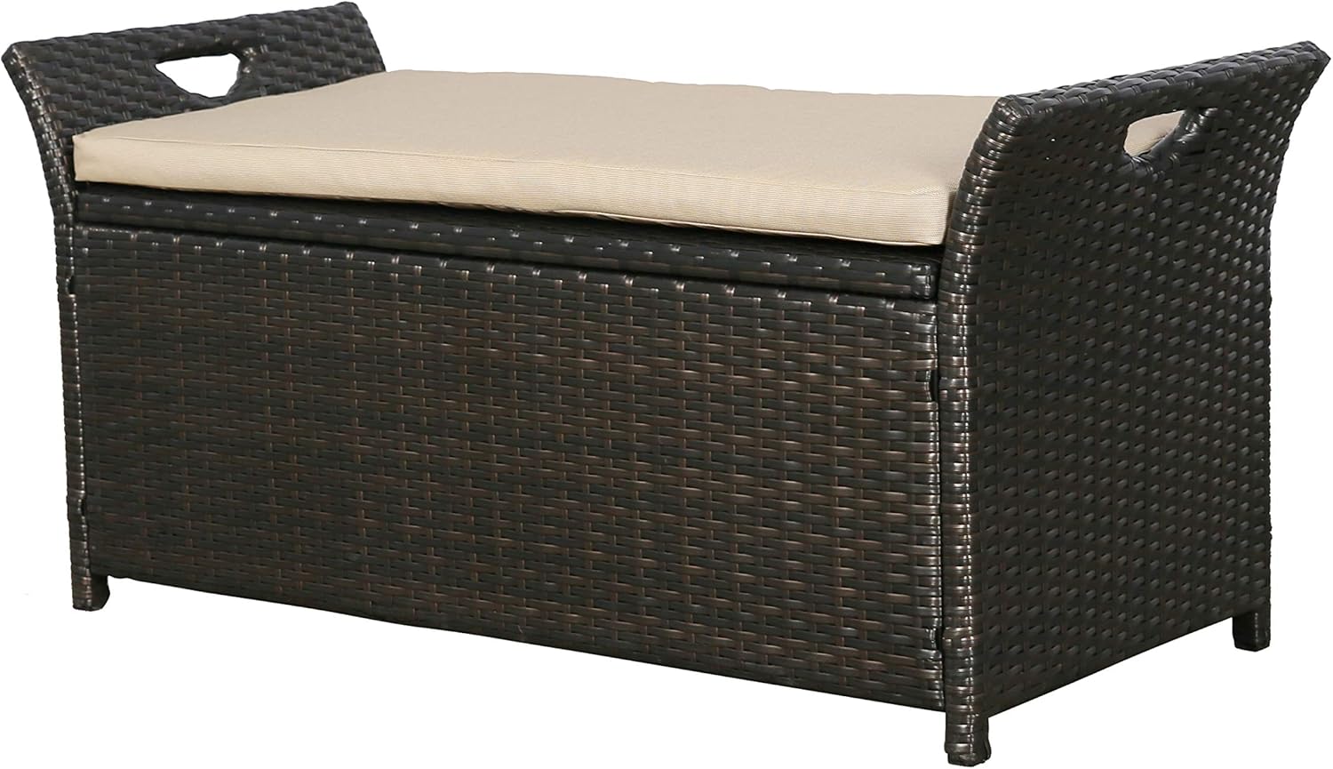 Patio Storage Bench for Outside Outdoor Furniture Wicker Deck Box with All-Weather Cushion, Beige