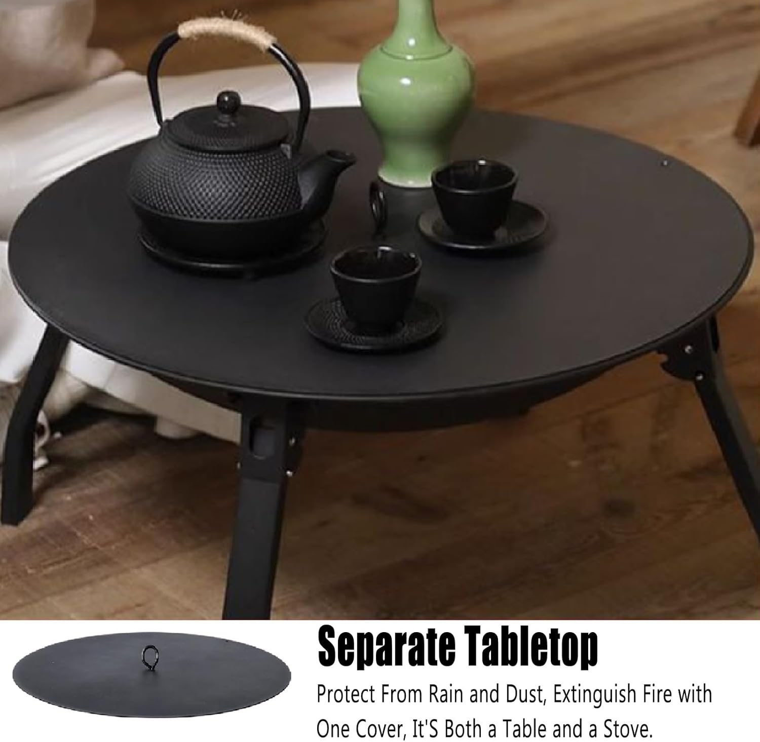 TemkIN Wood Burning Fire Pits for Outside, Folding Metal Fire Pit Table with Cover & Rain Cover, Cooking BBQ Grill, for Camping Picnic Cooking BBQ, Black