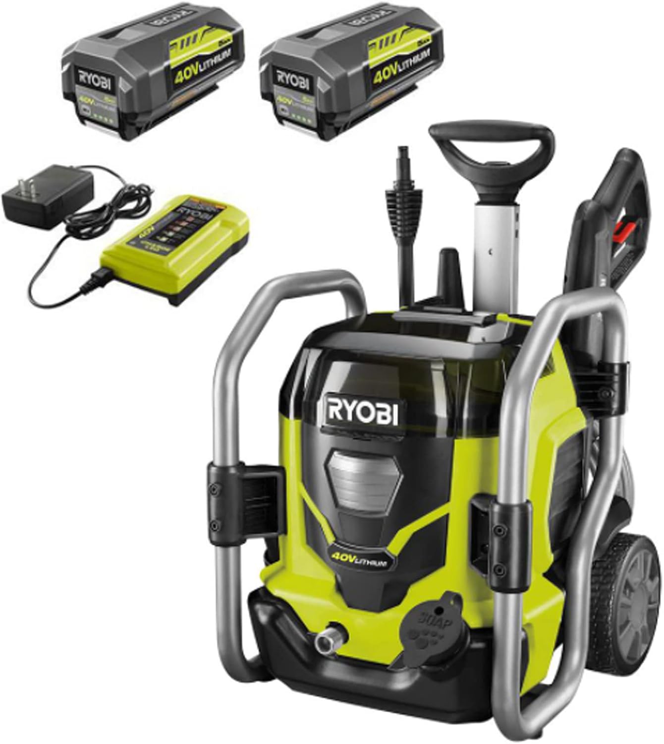 RYOBI RY40PW01DG9 1,500 PSI 1.2 GPM 40-Volt Cold Water Cordless Electric Pressure Washer with Two 5.0 Ah Batteries and Charger Included