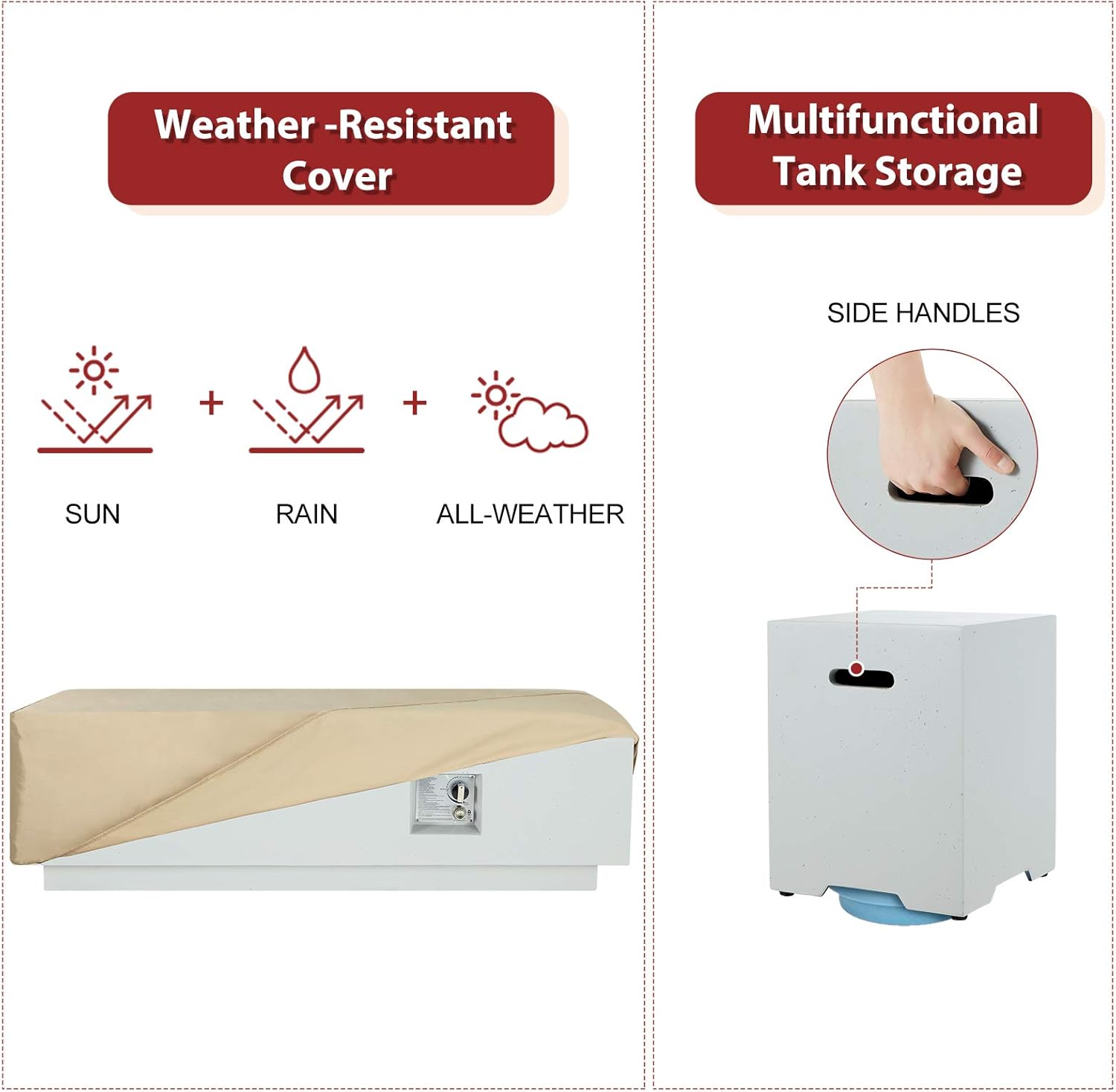 ECOTOUGE 2-Piece 56Inch Outdoor Propane Fire Pit Table Set with 20 Gallon Gas Tank Side Table, 50,000 BTU Rectangular Concrete Fire Pit, w/Weather Rust-Resistant Cover, Outdoor Furniture
