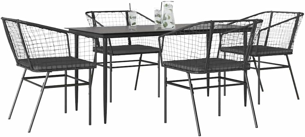 5 Piece Garden Dining Set, Black Poly Rattan Patio Furniture, Outdoor Table and Chairs with Dark Grey Cushions, Rectangular, Durable for Balcony, Terrace