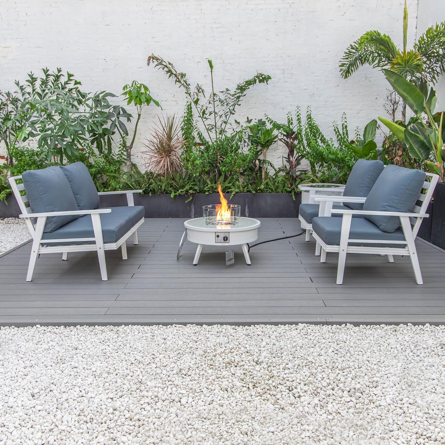 LeisureMod Walbrooke Modern Aluminum 5-Piece Patio Conversation Set with Outdoor Round Firepit Side Table Tank Holder, Navy Blue