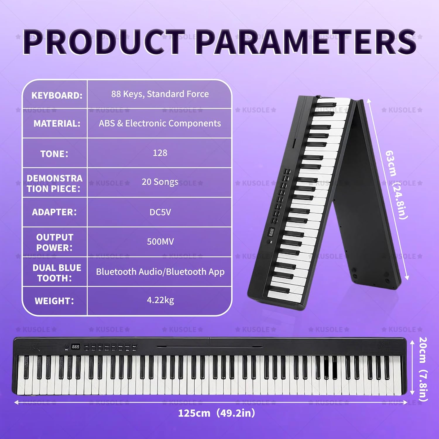 88-key folding digital piano keyboard, full-size digital piano, includes power adapter, headphones and piano bag, designed for beginners. Black