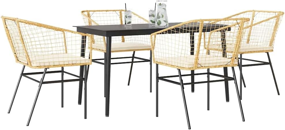 5 Piece Patio Dining Set, Brown Poly Rattan Outdoor Table and Chairs with Tempered Glass Top, 4-Seater Garden Furniture for Balcony, Cream White Cushions
