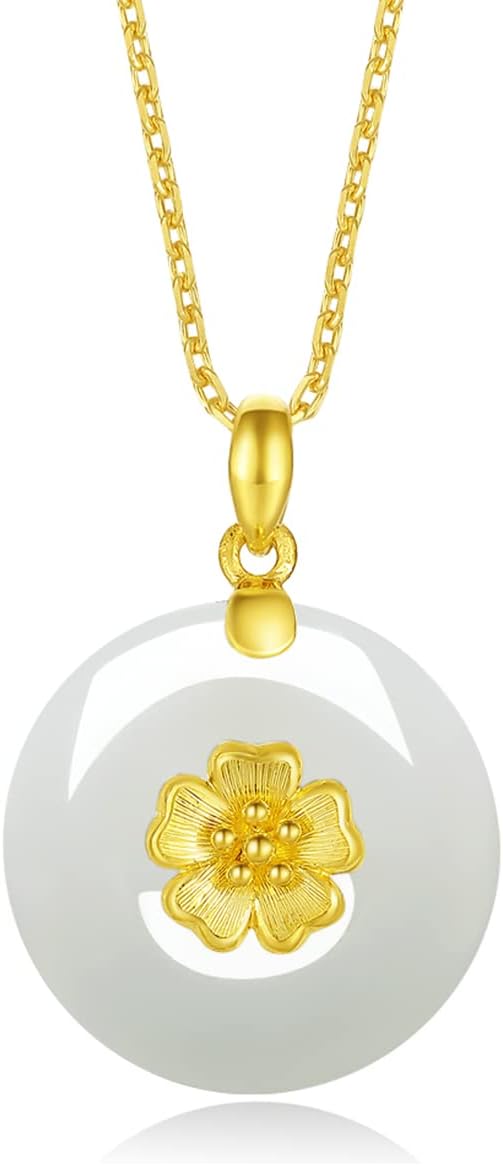 24K Solid Gold Pendant for Women, Real Pure Gold White Nephrite Jade Jewelry Accessory Round Pendant for Men Girlfriend (Not Include Necklace)