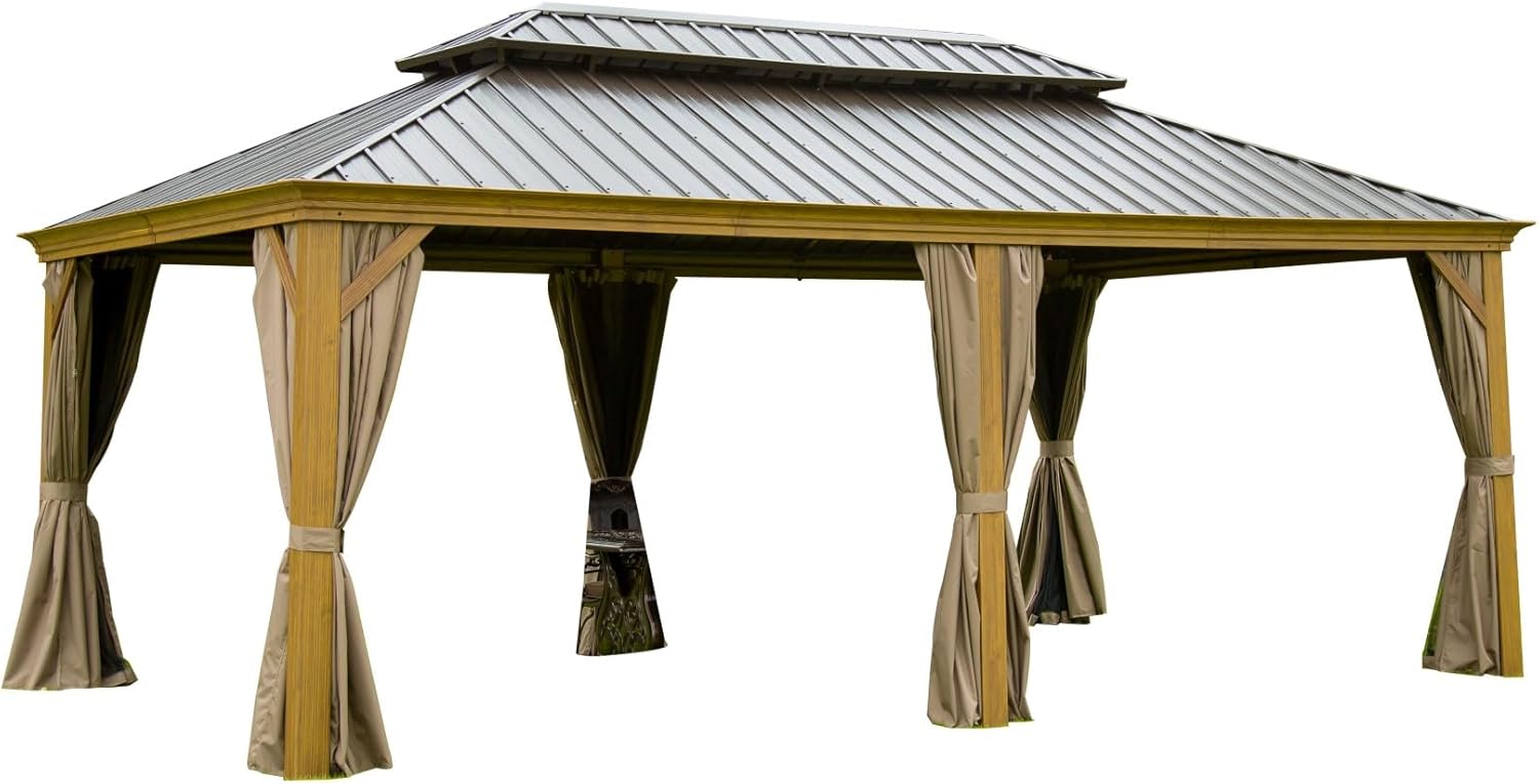 GOWE 12'x18' Hardtop Gazebo, Wooden Coated Aluminum Frame Canopy with Galvanized Steel Double Roof, Outdoor Permanent Metal Pavilion with Curtains and Netting for Patio, Deck and Lawn(Wood-Looking)