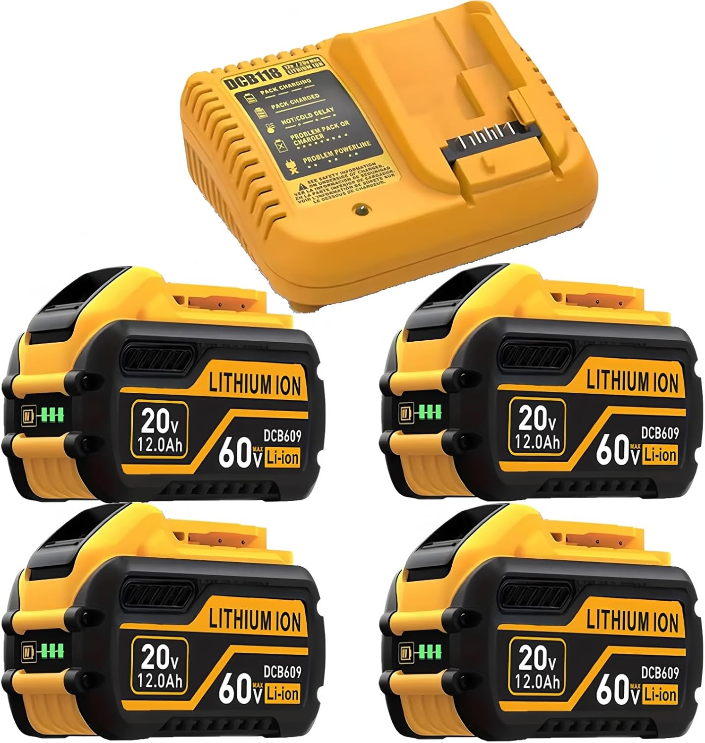 (4PACK 12.0AH+1 Charger) Replacement for DeWalt Flex 20V/60V 12000mAh Lithium Battery Compatible with DCB606 DCB612 DCB606-2 DCB609 DCB609-2 DCB204 DCB205 DCB206 Cordless Power Tools Get A Charger