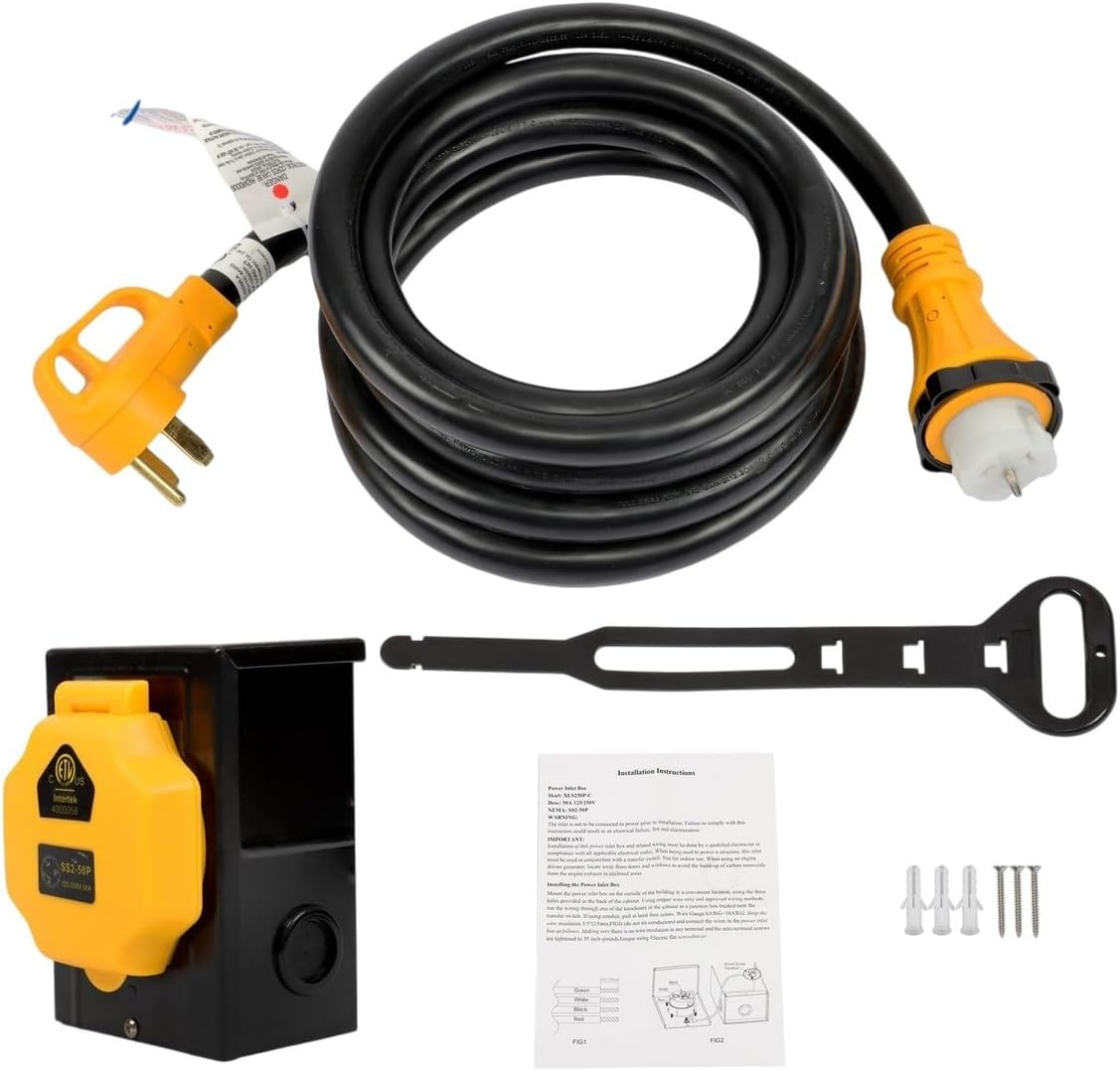 50A 15 FT Generator Extension Cord&Pre-drilled Power Inlet Box 14-50P/SS2-50R