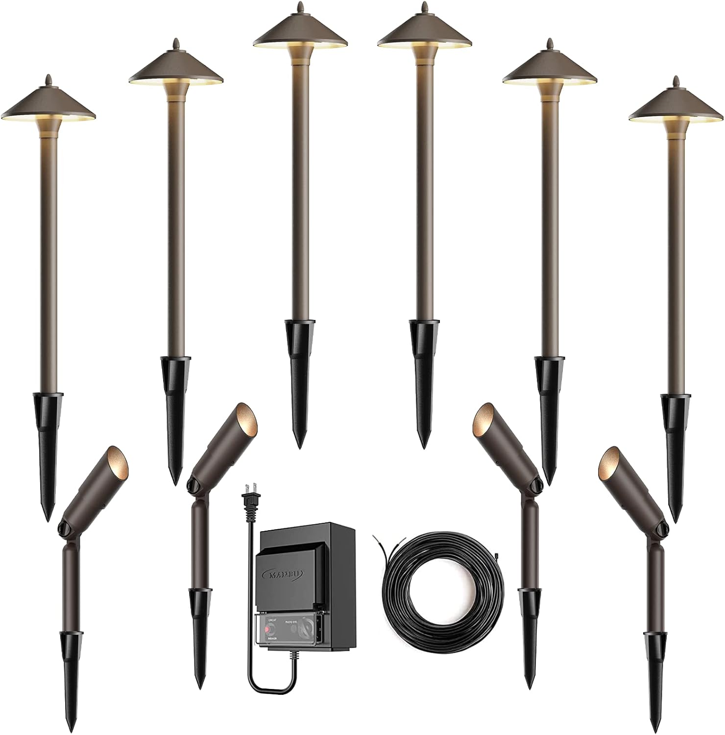 10PK Low Voltage Landscape Lighting Kit 6PCS 10W Path Lights 4PCS 20W Spotlights 75Feet Electrical Wire and 150W 12V Transformer 9903-10