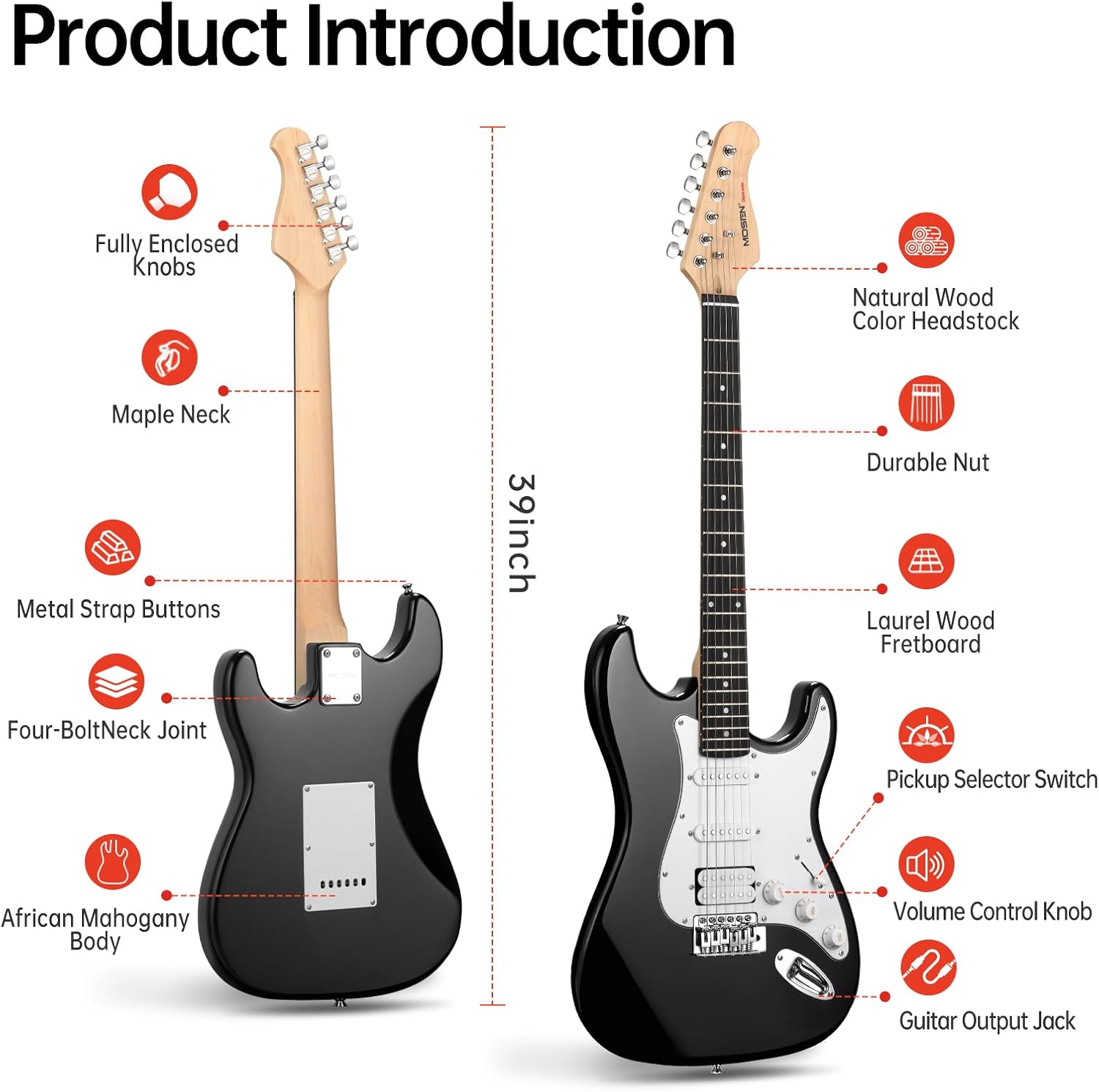MOSEN 39in Full Size Beginner Electric Guitar Starter Kit, Beginner Starter, with Amplifier, Single-Coil & Humbucker Pickups, Gig Bag, Pick, Tuner, Capo, Cable, Tremolo Bar, Wiping Cloth - Black