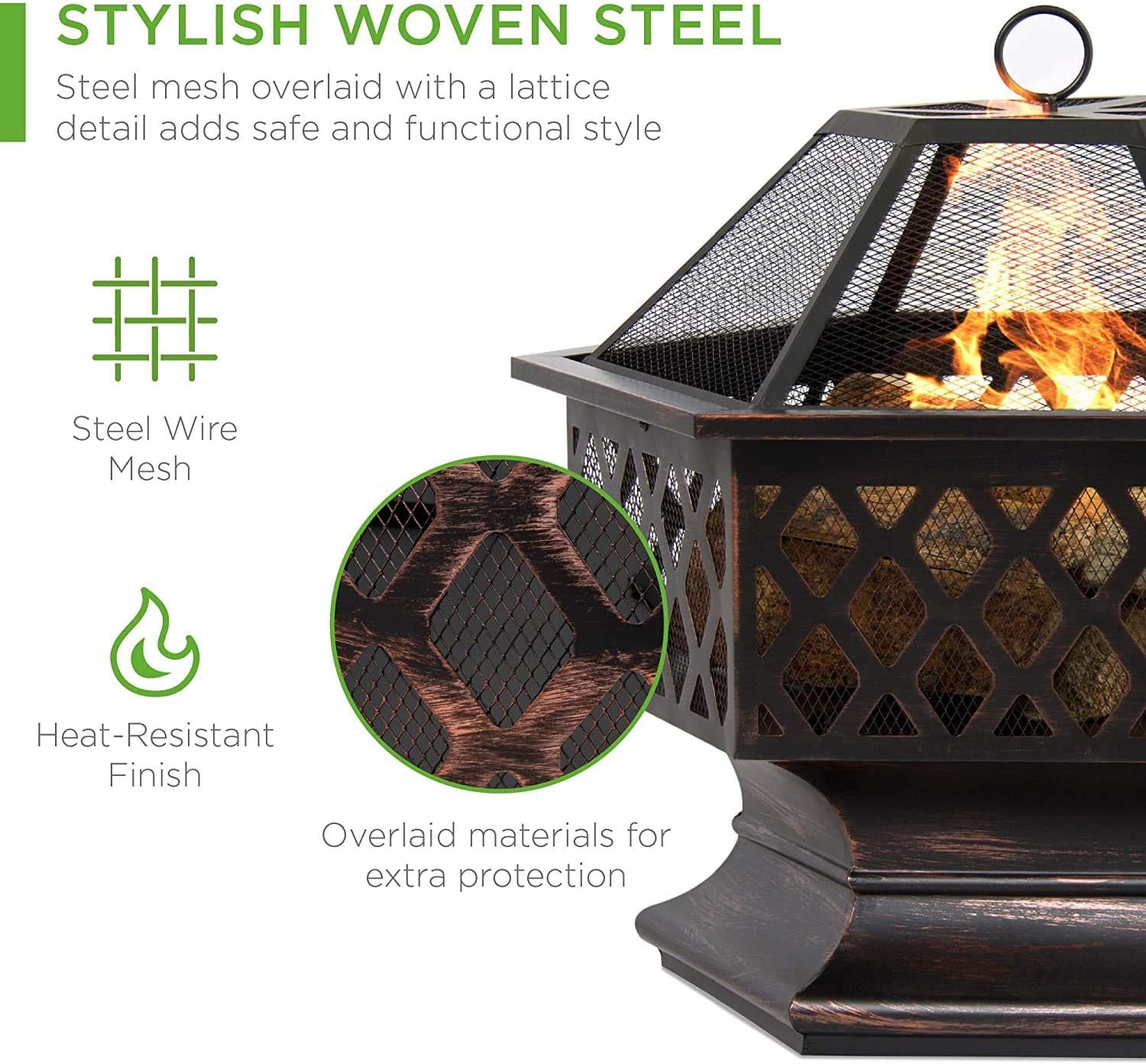 Fire Pit Steel Wood Burning w/Flame-Retardant Mesh Lid Fireplace Patio Backyard Steel Firepit Bowl Heater