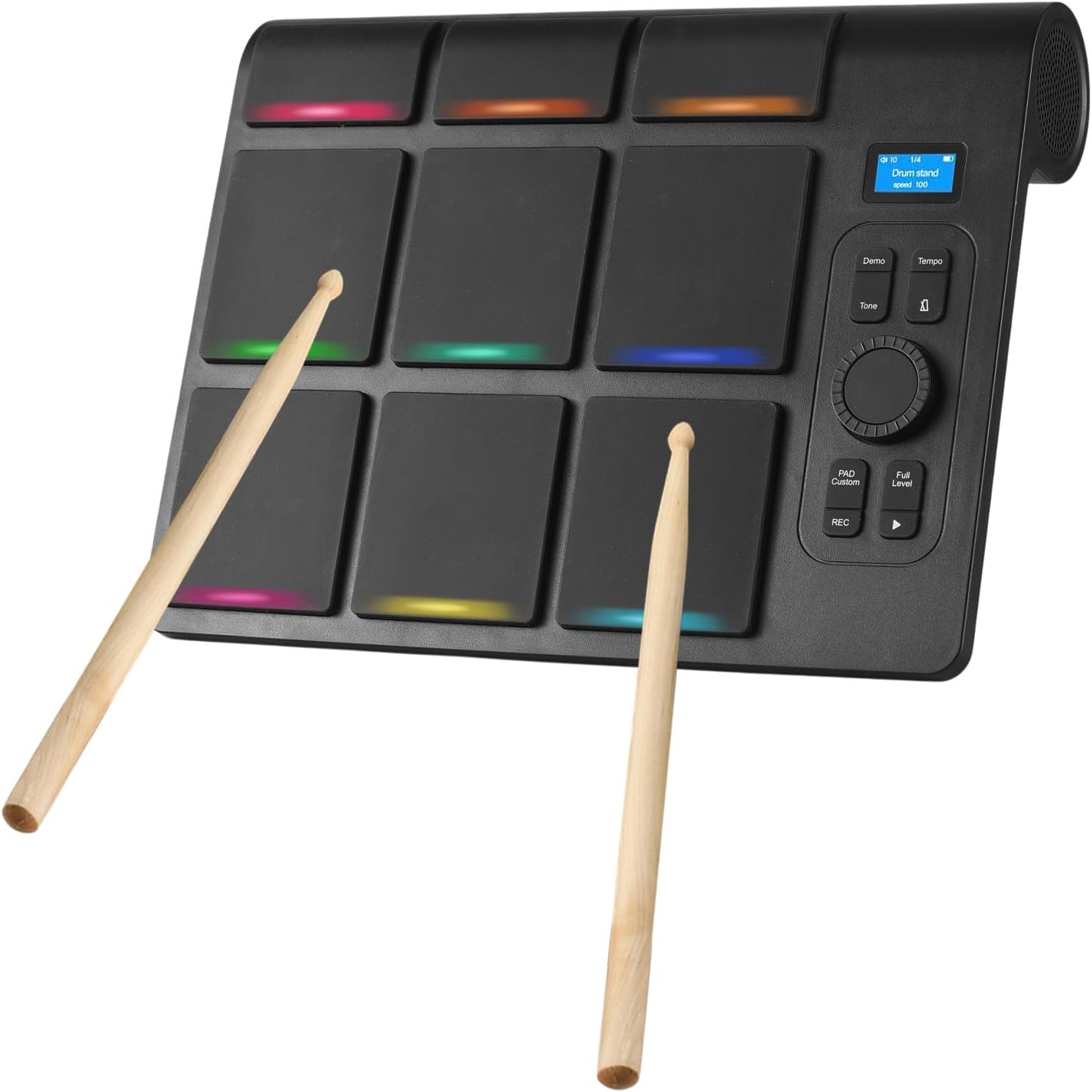 Electronic Tabletop Drum Set with 2 Speaker 9 Pads Color Lighting Supports BT MIDI Various Audio Connection LCD Display Adjustable Sensitivity Practice Electric Drum Pads with Drumsticks Foot Pedal