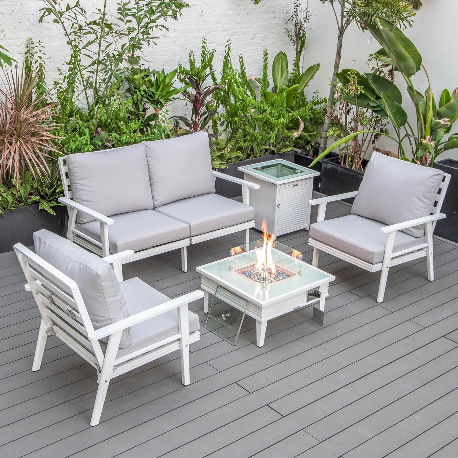 LeisureMod Walbrooke Modern Aluminum 5-Piece Patio Conversation Set with Outdoor Square Fire Pit Slats Design & Side Table Tank Holder, Light Grey