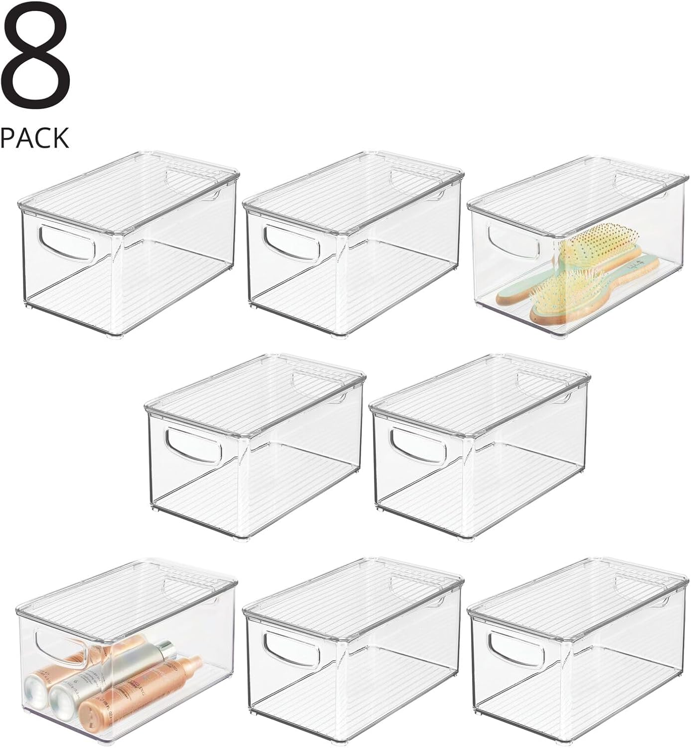 mDesign Deep Plastic Bathroom Storage Bin Box, Lid/Built-in Handles, Organization for Makeup, Hair Styling Tools, Toiletry Accessories in Cabinet, Shelves, Ligne Collection, 8 Pack, Clear