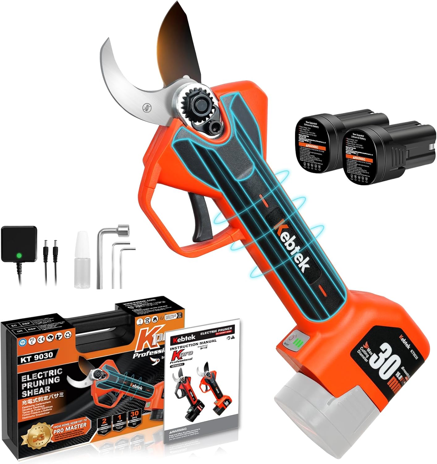 Kebtek Professional Electric Pruning Shears 2025 NEW, 16.8V 30mm Electric Pruner 2x2500mAh Batteries 8-10H Runtime Safety Switch, Pruning Shears Heavy Duty for Tree, Branch & Rose