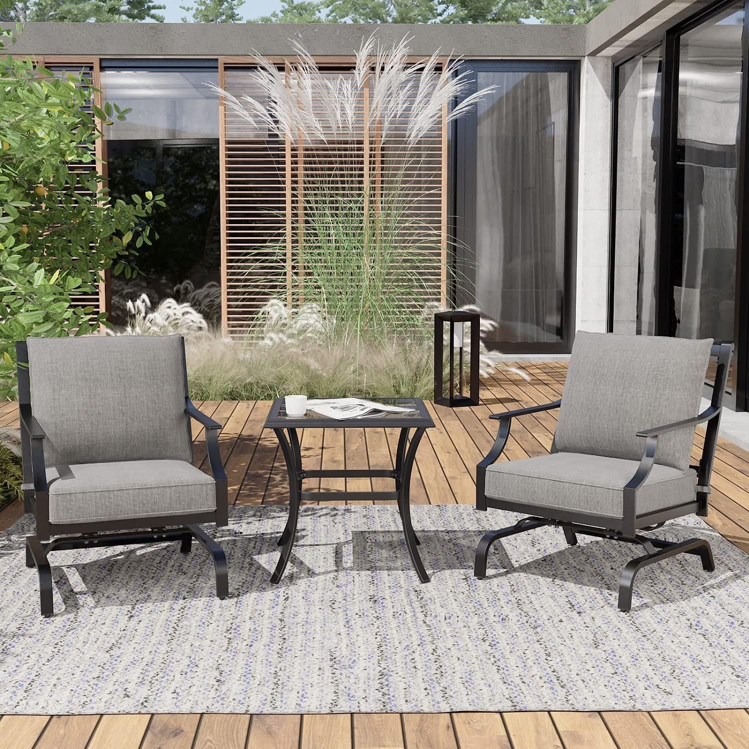 Grand patio 3-Piece Furniture Seating Motion Chairs Set Outdoor Bistro Set Patio Conversation Sets Glider Rocking Chair with Comfortable Gray Cushions Square Coffee Table for Garden Lawn & Poolside
