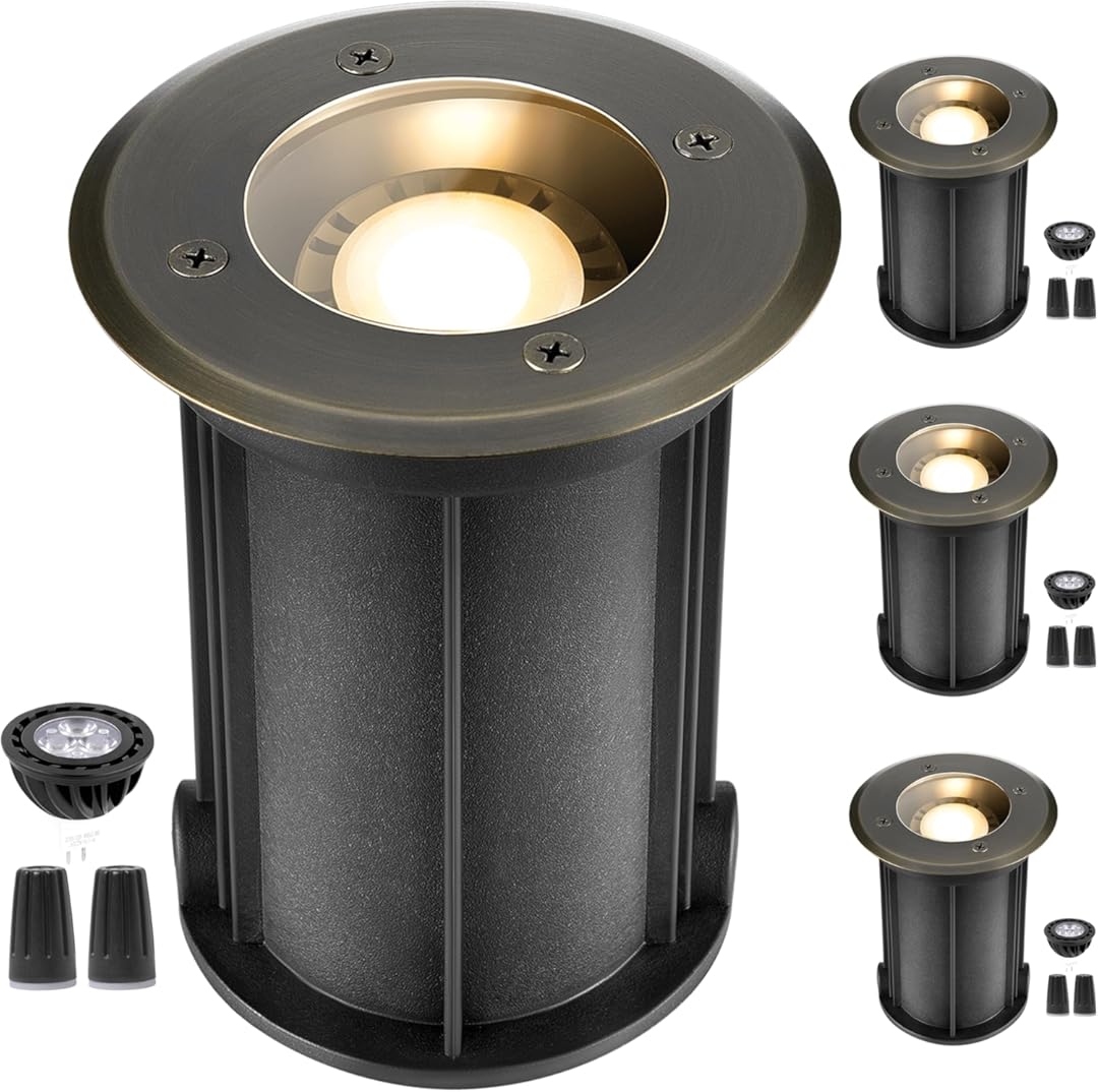 Gardenreet Outdoor Low Voltage Well Lights - Brass Replaceable Bulb Electric 12V In-Ground Lighting, Low Voltage LED Fixture, Antique Bronze for Patio Backyard House with 2700K Warm White MR16 Bulb
