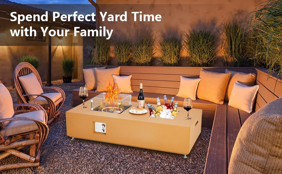 56 Inch Propane Fire Pit Table with 50000 BTU, Dual-Use 36-Inch Rectangular Fire Table, Wind Guard Glass, 11LB Glass Beads, Waterproof Rain Cover, for Outdoor Yard and Garden