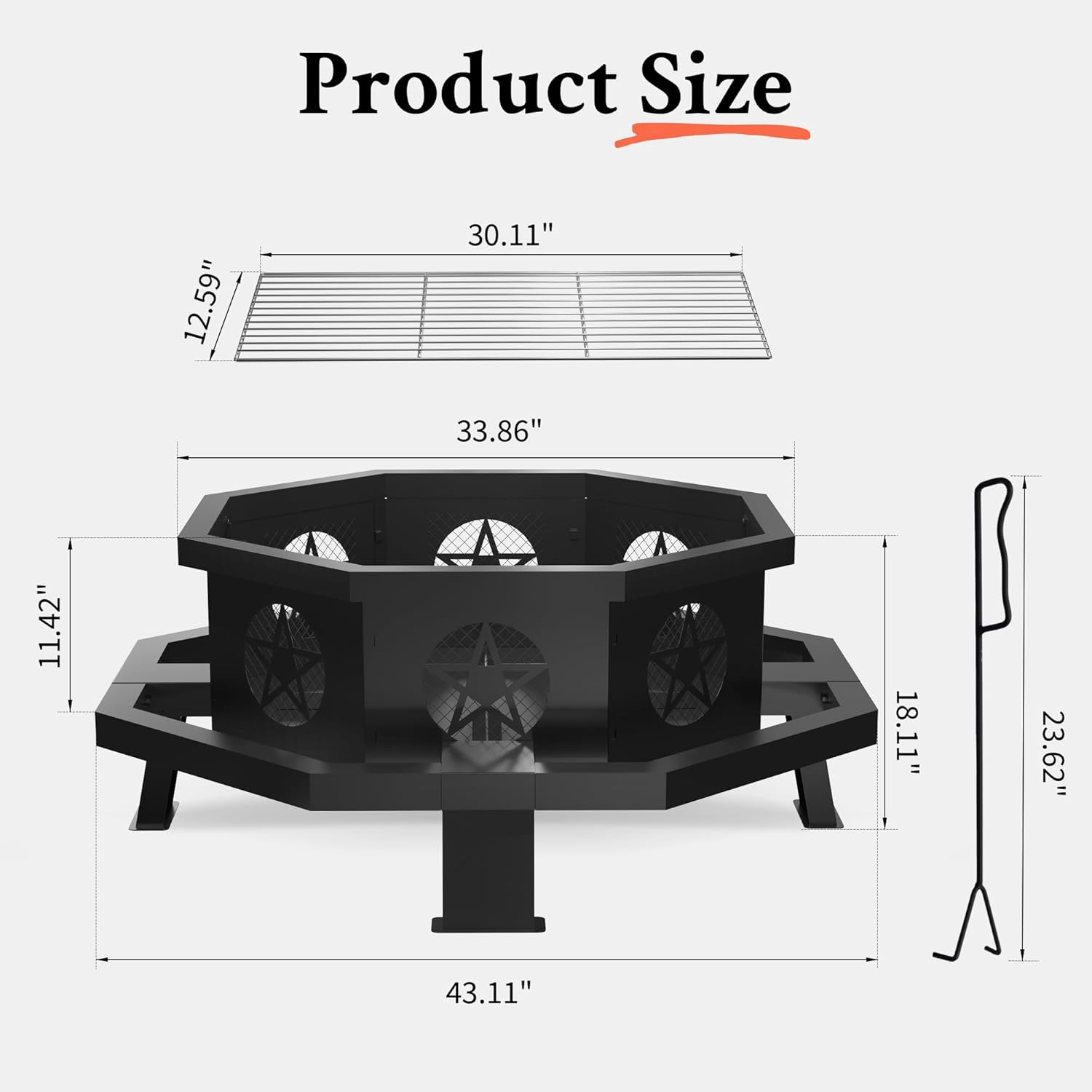 43 Inch Octagonal Fire Pit with Cooking Grill,Outdoor Wood Burning Fire Pit for Camping Outside Picnic Bonfire,Heavy Duty Firepit for Backyard Garden Patio