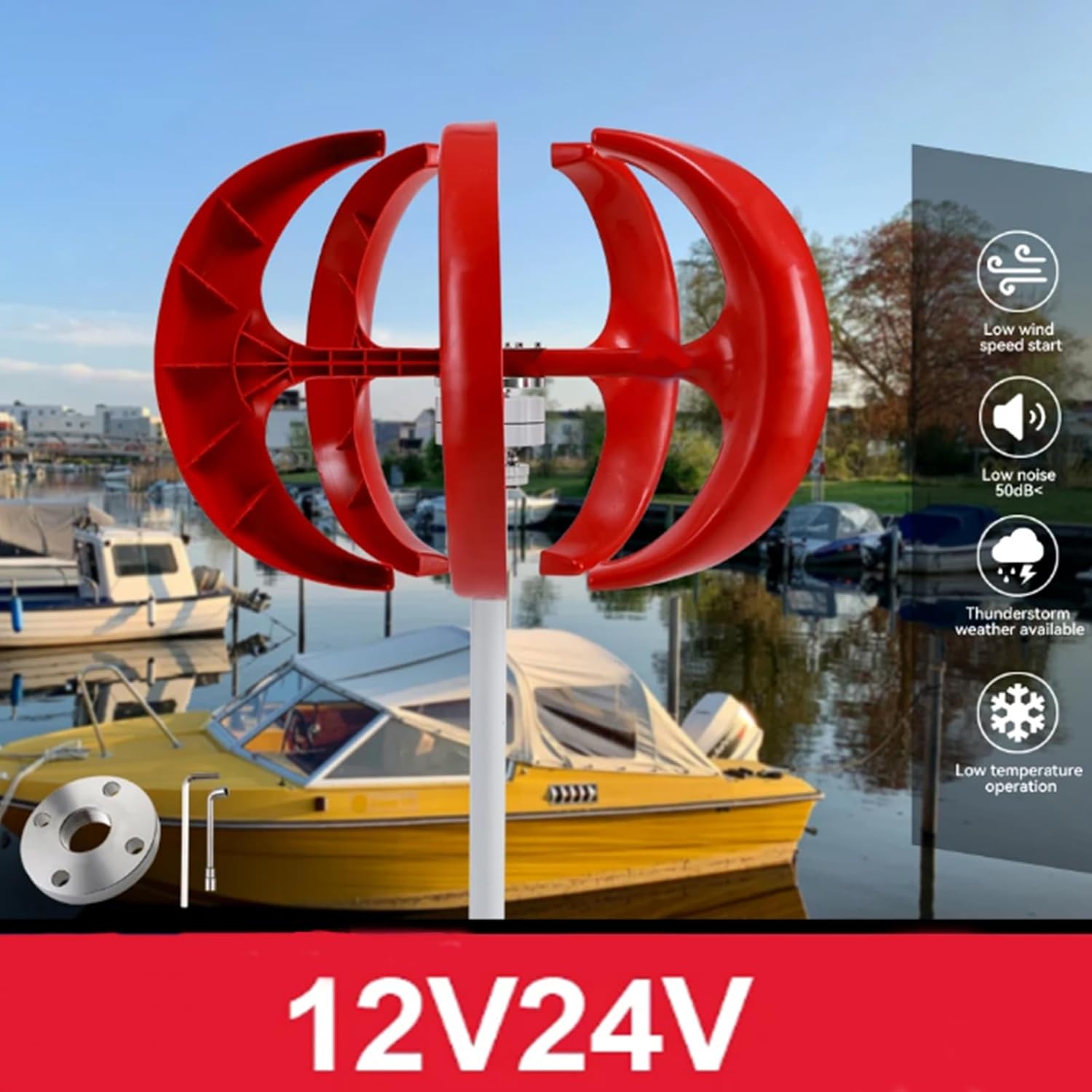 1200W Wind Turbine Generator Kit, with MPPT Controller 12V 24V 48Vlow Speed Start Vertical Wind Generator Applicable Emergency Power Generation (Red)