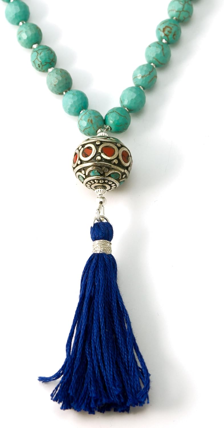 33 Magnesite Tasbih Muslim Prayer Beads with Nepalese Bead and Blue Tassel