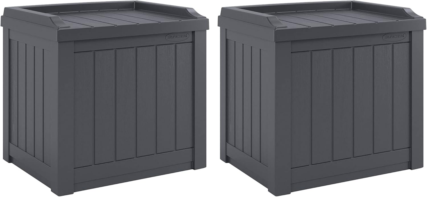 Suncast 2 Pack Small Deck Box Storage w/ Bench Seat for Indoor & Outdoor Use, 22 Gal., Cyberspace