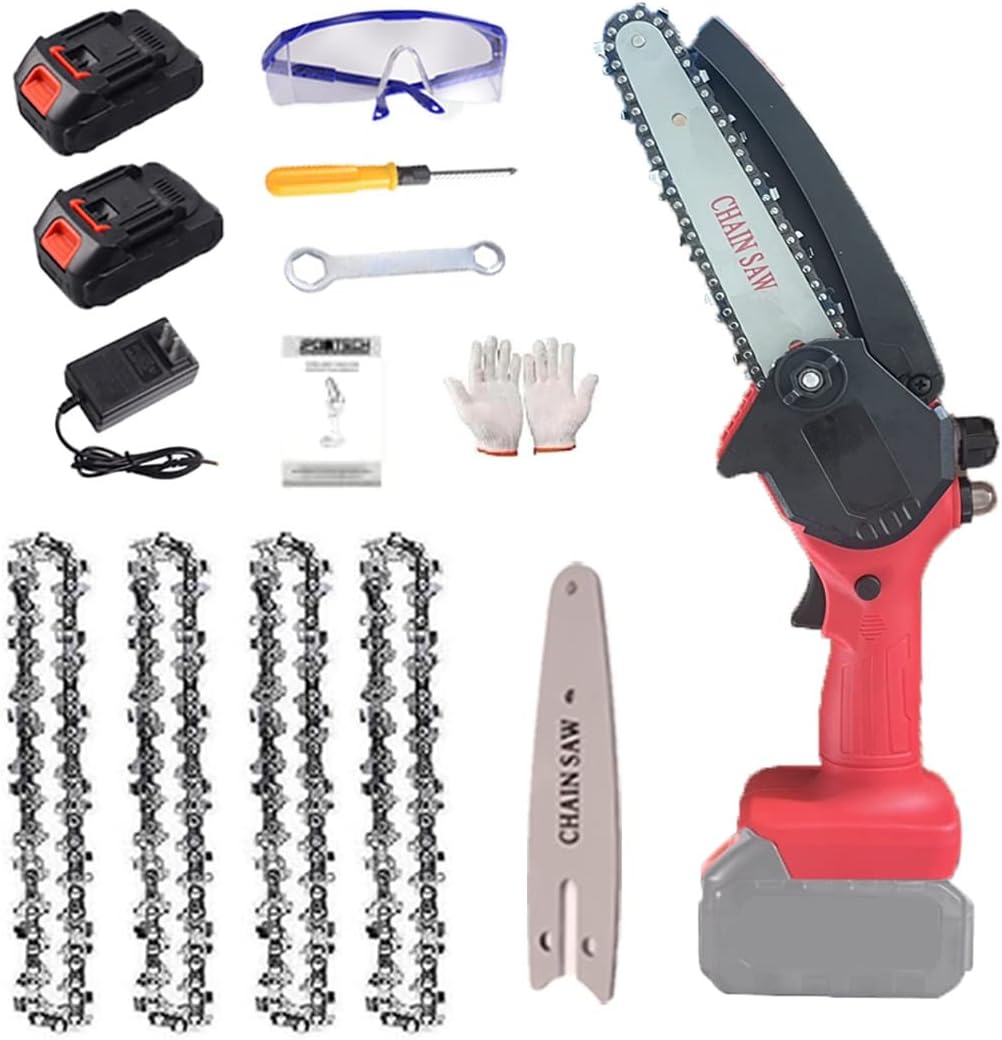 Electric Chainsaw,Mini Chainsaw,6 Inch Cordless Battery Powered Chain Saw, Handheld Mini Chainsaw for Cutting Pruning and Gardening and one-Hand Chainsaw (Color : Red, Battery *1 : 4*Chain)