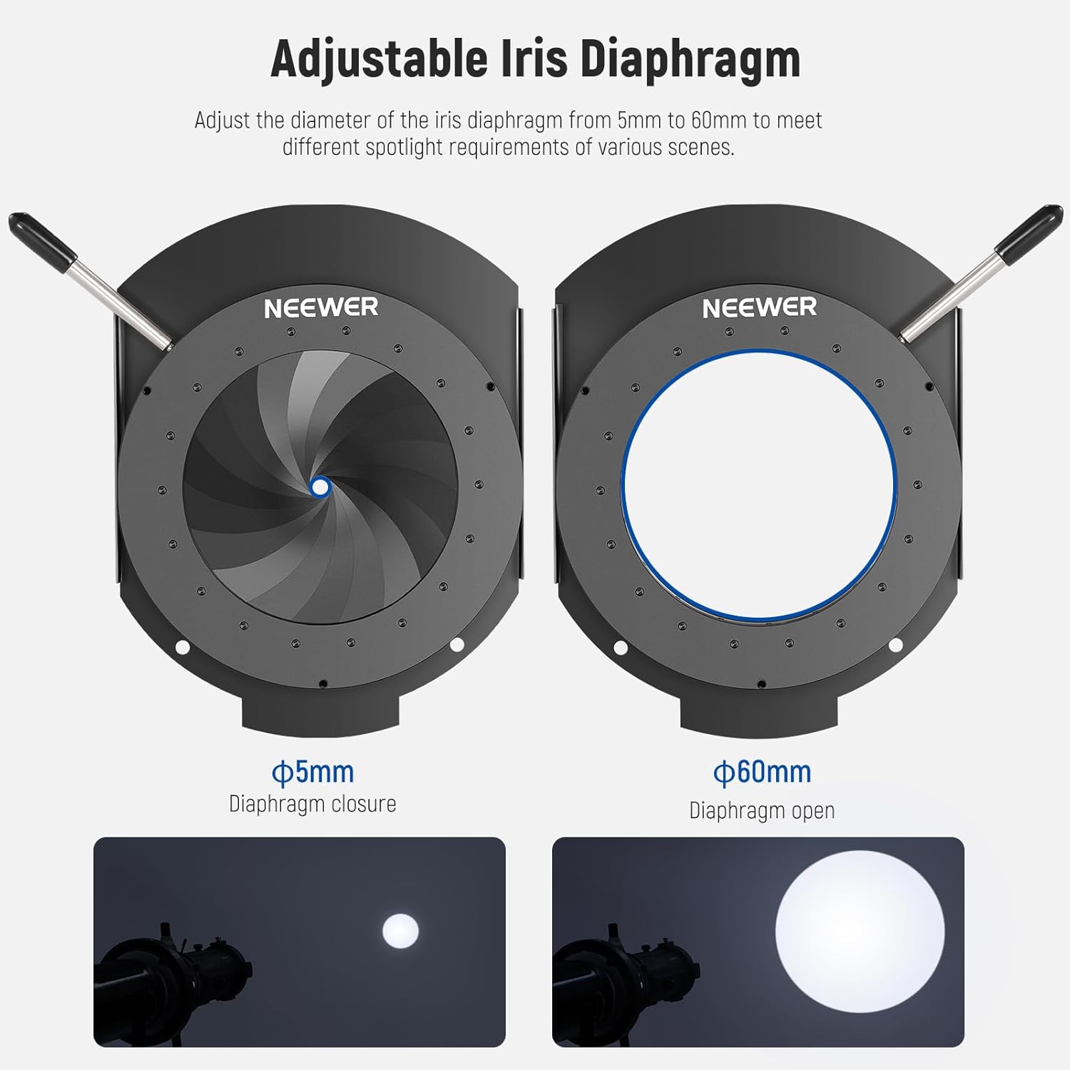 NEEWER Spotlight Mount Iris for NEEWER LS-39/LS-38/LS-48 Spotlight Snoot, 5-60mm Aperture Diaphragm Adjustable Mount Control Optical Diaphragm Lens Accessory, High Temp Resistant Manganese Steel, CSS2