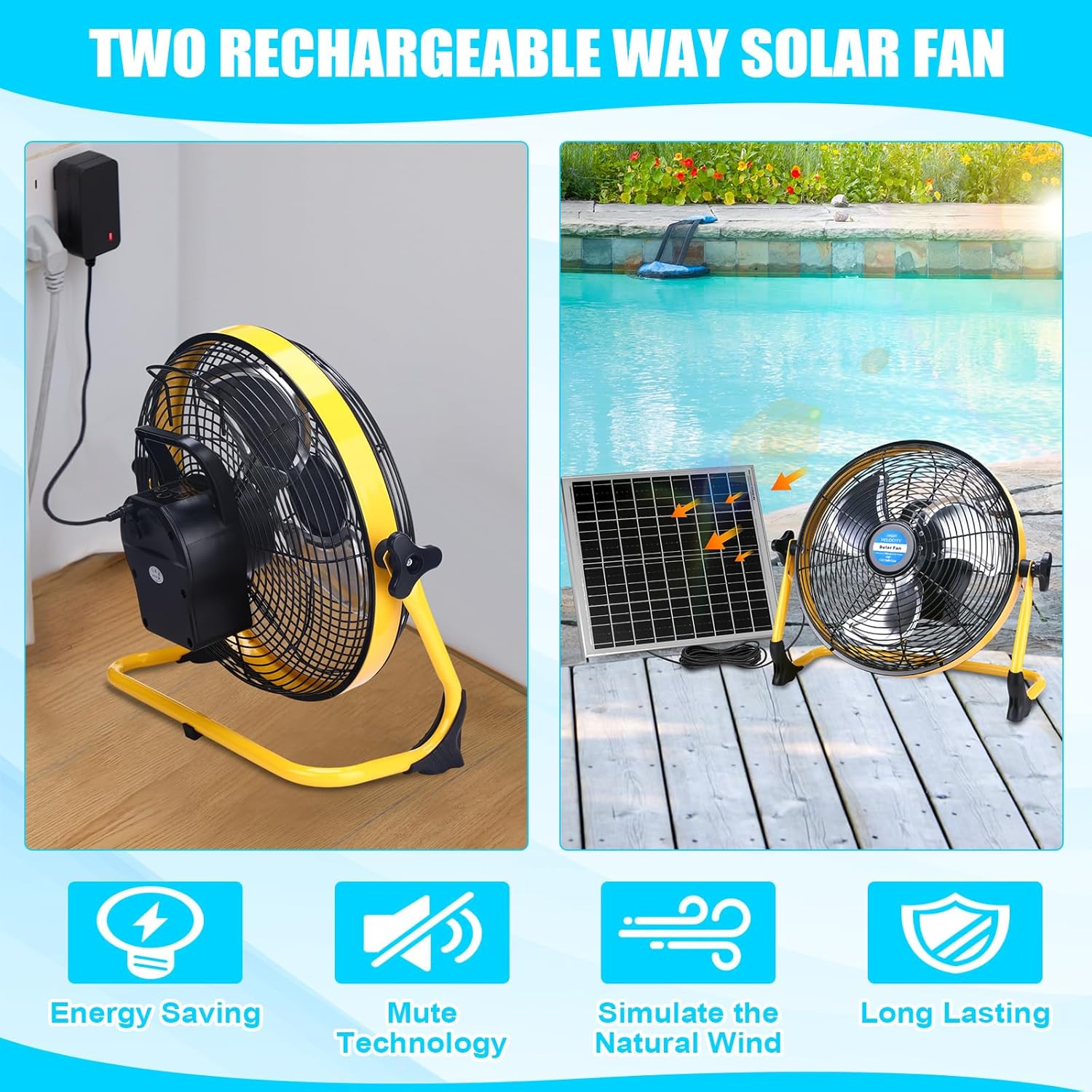 Sumind 12 Inch Solar Powered Fan 15000mah 20w Portable Ventilador Rechargeable Camping Fan Battery Powered with Panel and Light for Outside, Home, Travel, Chicken Coop, Shed, Greenhouse