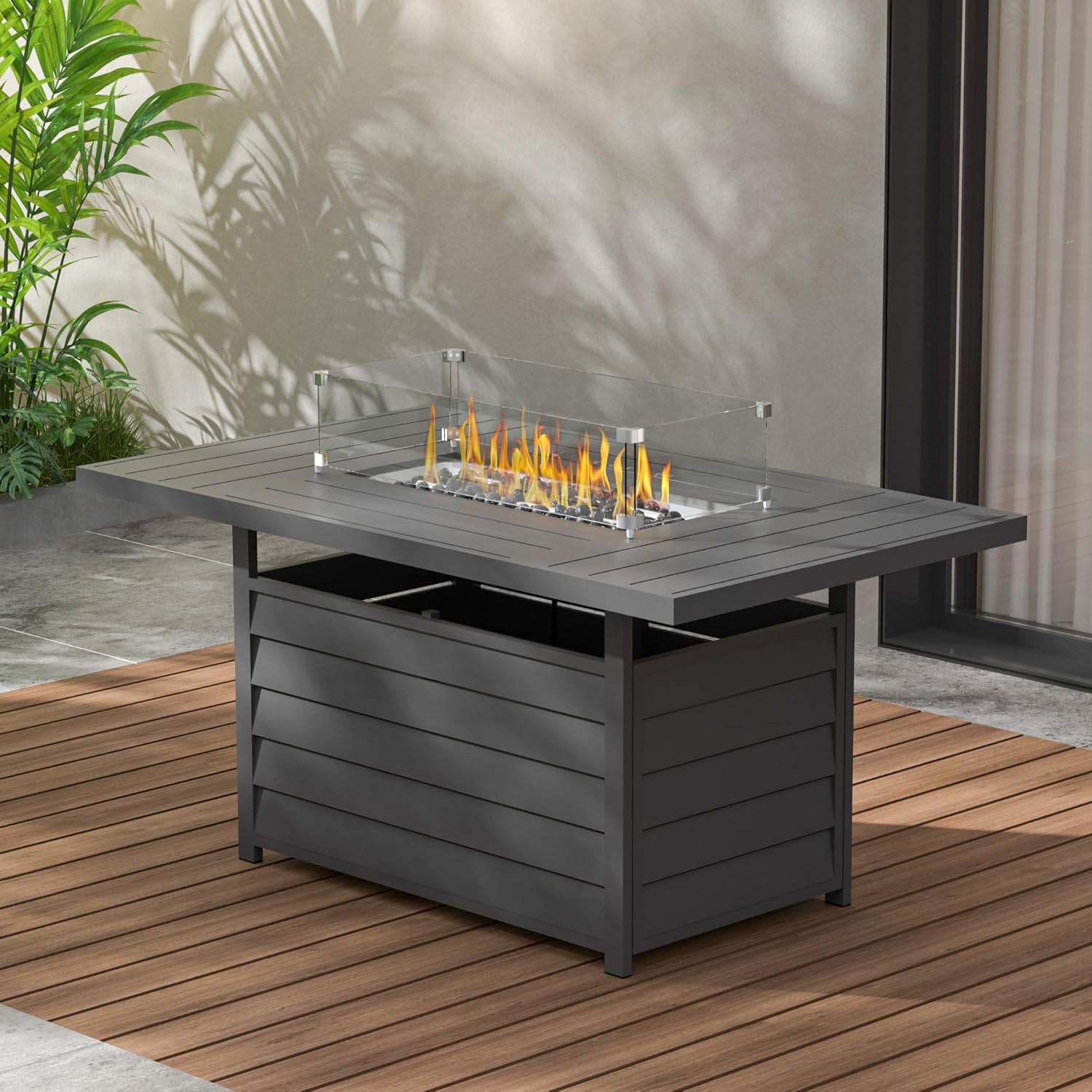 Wisteria Lane 54.3” Outdoor Patio Aluminum Fire Pit Table, 50000 BTU CSA Certified Propane Gas Fire Pit, Rectangular Fire Table w/Stainless Burner, Lava Rock, Waterproof Cover