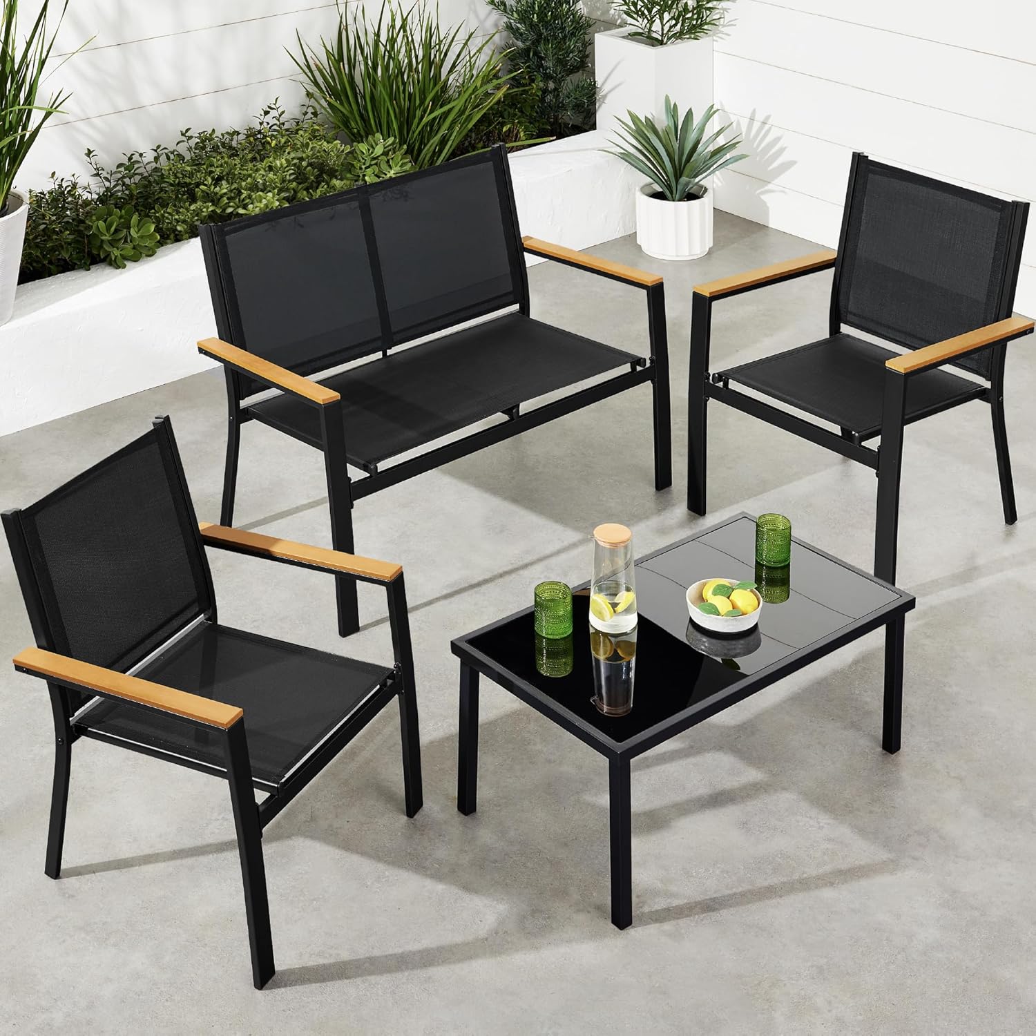 Best Choice Products 4-Piece Outdoor Textilene Patio Conversation Set, Backyard Furniture w/Loveseat, Coffee Table, Steel Frame - Black/Black