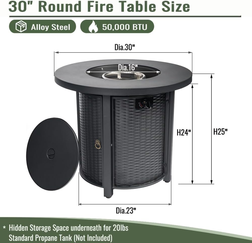 Propane Gas Fire Pit Table – 50000 BTU, Steel Rust-Proof Body, Electronic Ignition, with Lava Rocks/Weatherproof Cover/Regulator, for Patio/Garden/Courtyard (Black) ﻿ (30