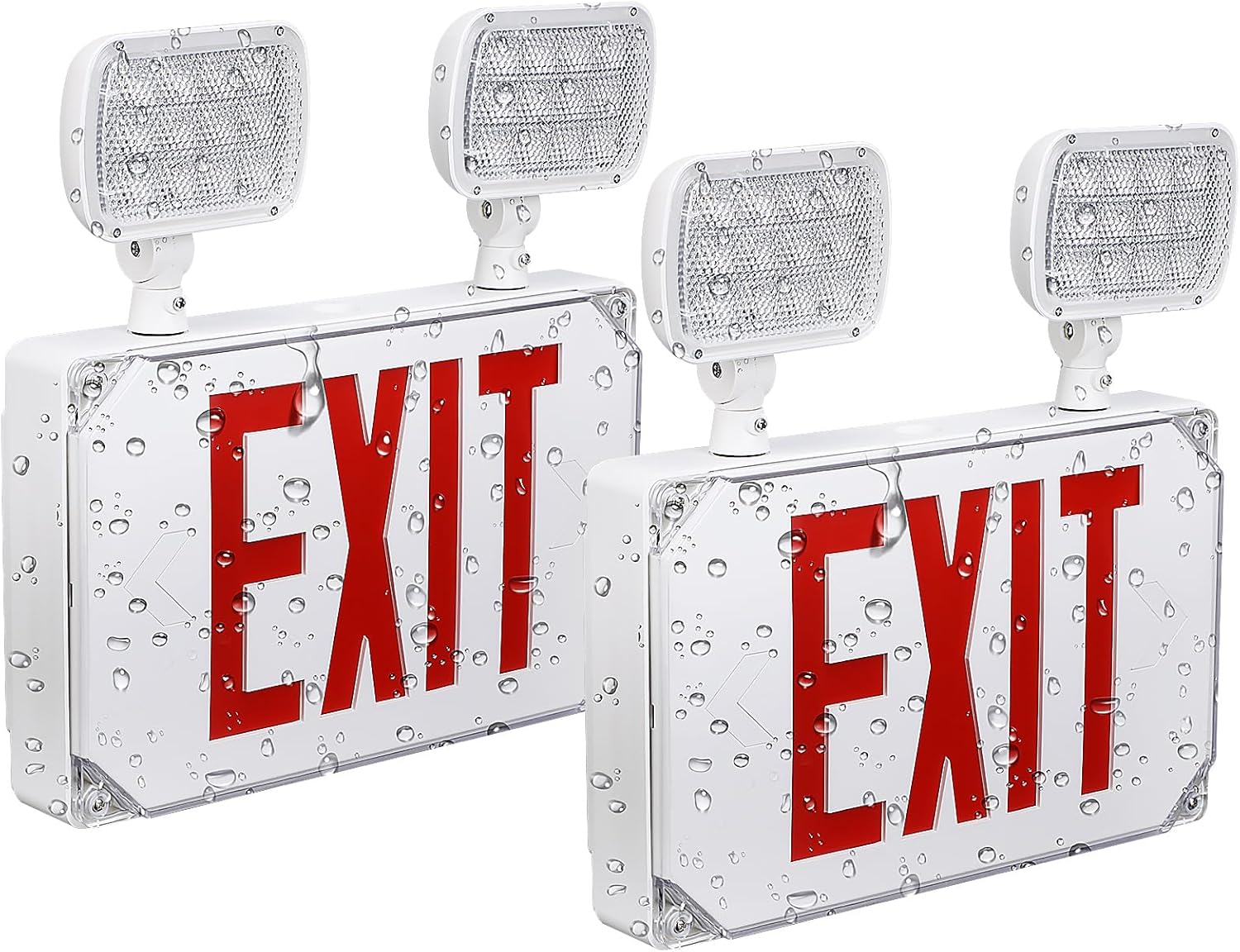 LEONLITE LED Exit Light, Wet Location Exit Sign with Emergency Lights, UL Listed, Outdoor Hardwired Red Letter Exit Sign with Battery Backup, 2 Dual Heads, Double Face, AC 120/277V, White, Pack of 2