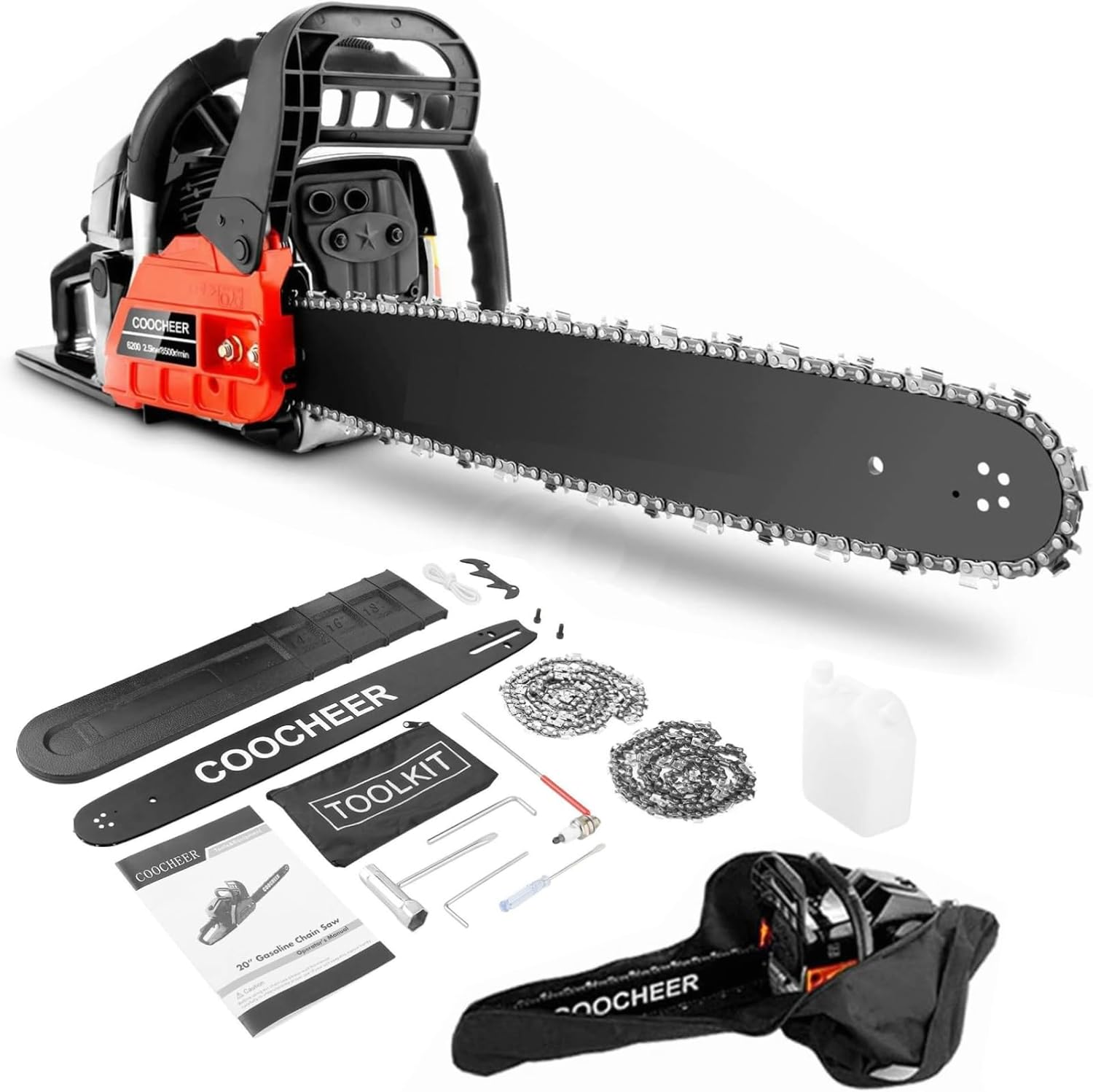 COOCHEER 20 Inch 62CC Gas Chainsaw 2 Stroke Engine Gas Power Chainsaws Handheld Cordless Petrol Chain Saw with 2 Chains for Wood Cutting Garden Farm Home Use