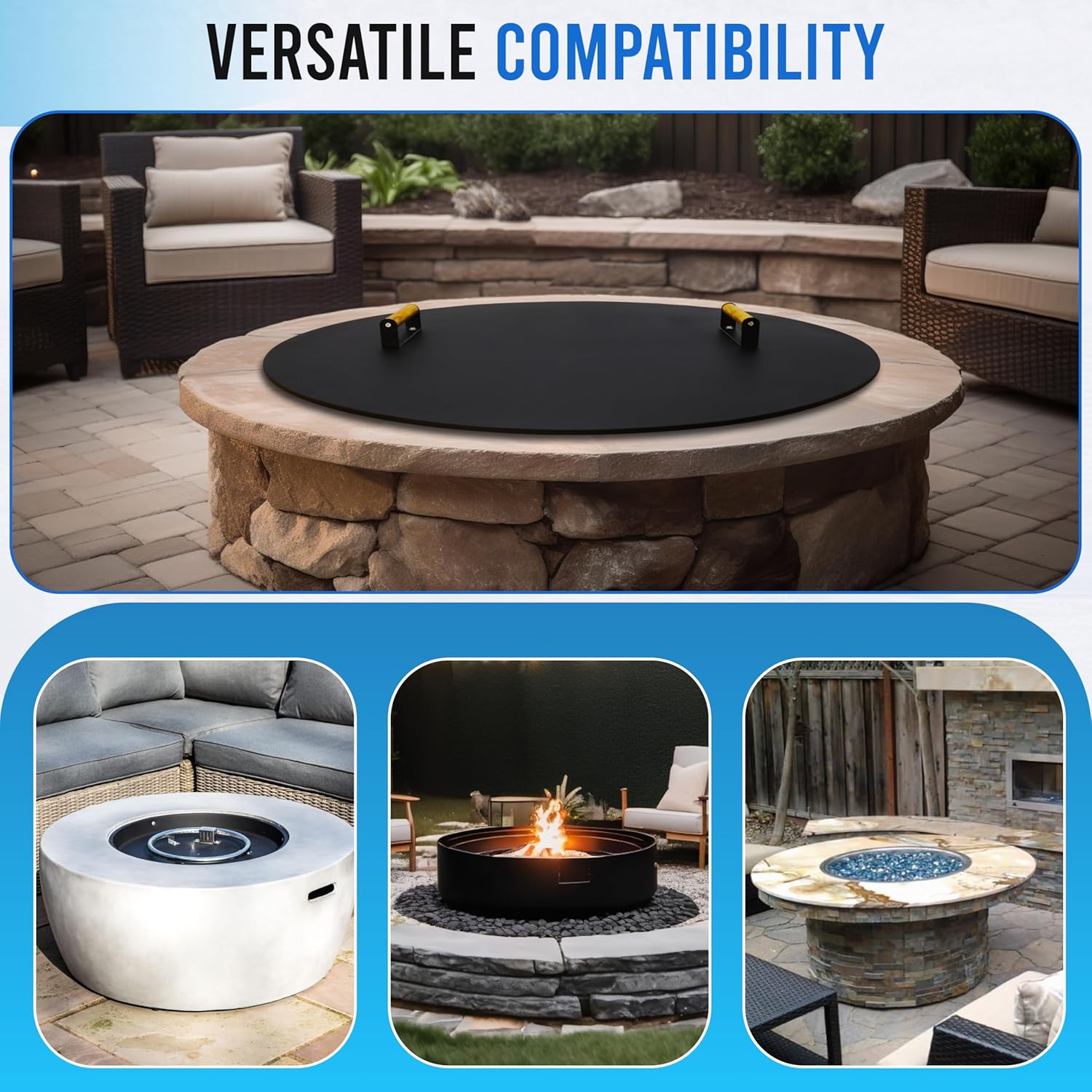 Fire Pit Lid 34 Inch – Round Metal Cover with Wooden Handles, Weather-Resistant Snuffer Lid for Outdoor Bonfire & Propane Fire Pits, Doubles as Table Top
