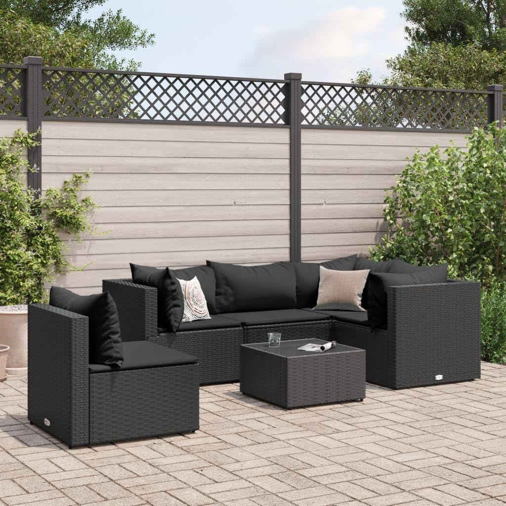 6 Piece Patio Lounge Set with Cushions Black Poly Rattan,Stylish and Durable Outdoor Garden Lounge Set with Modular Design and Comfortable Seating Furniture Sets for Patio, Lawn & Garden