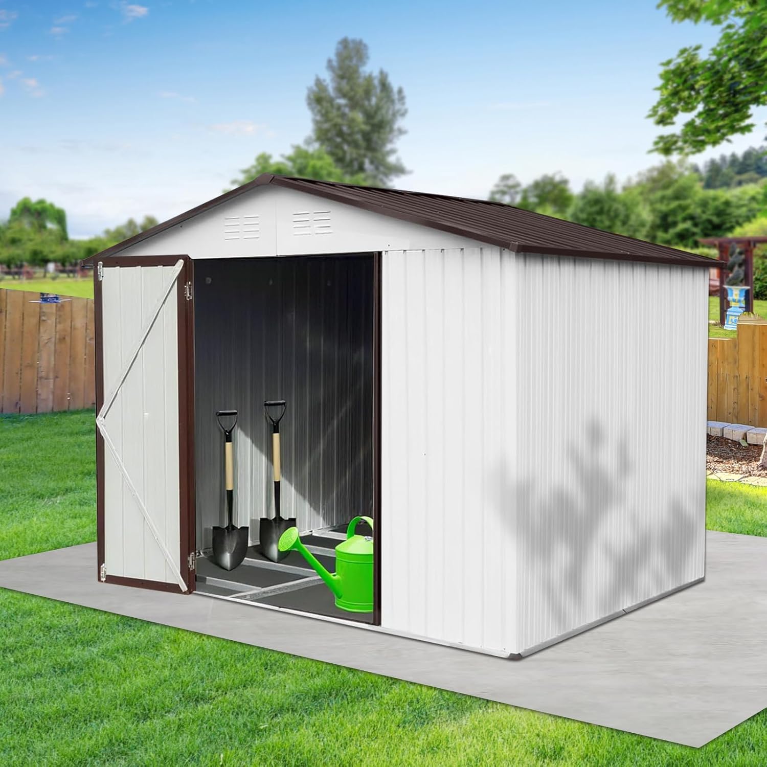 8 x 6 FT Metal Outdoor Storage Shed & Double Hinged Large Door - Heavy-Duty Shed with Floor, Lockable & Ventilation - Rainproof Windproof Large Utility Garden Shed for Backyard Patio Lawn - Brown