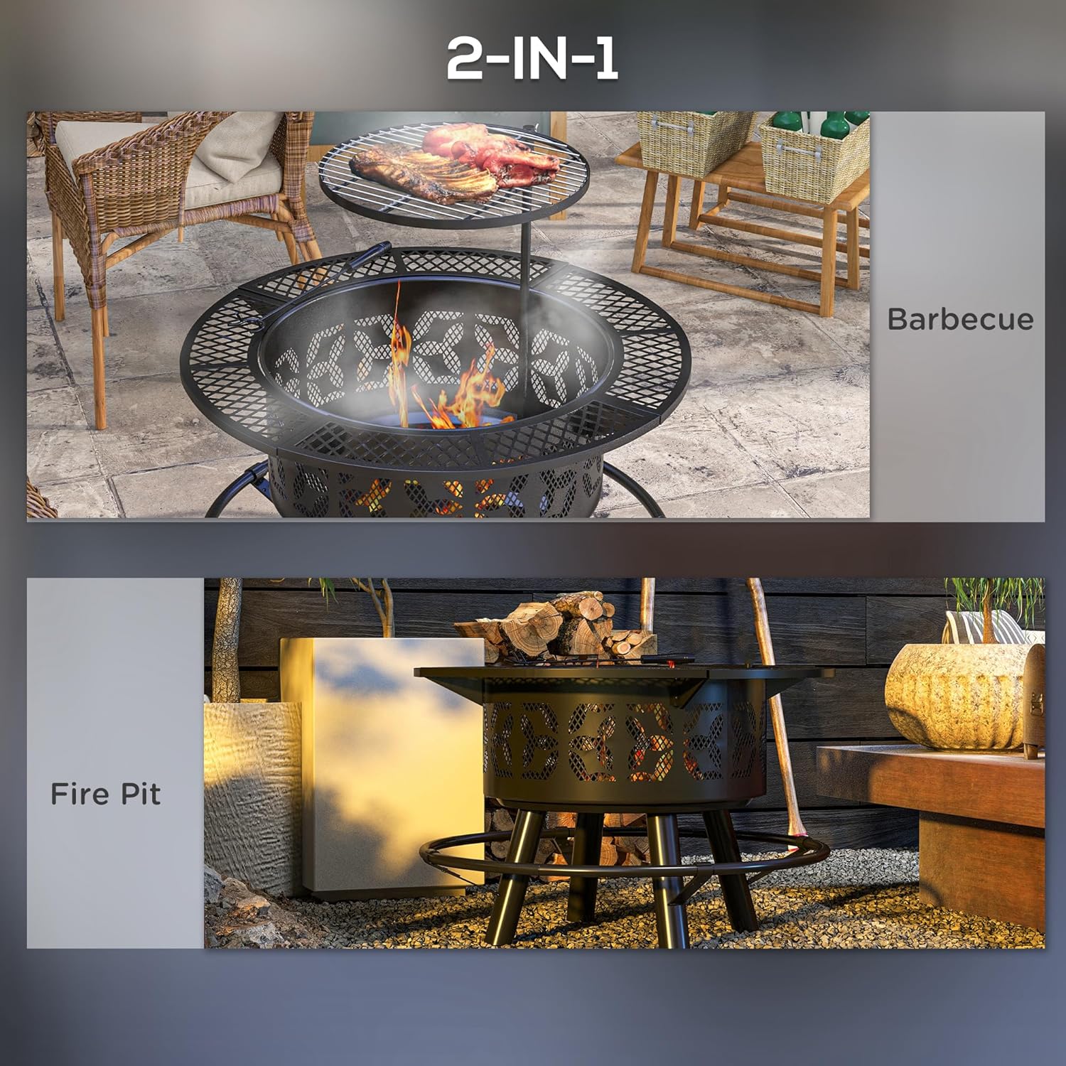 Outsunny Portable Fire Pit, BBQ Grill, 33