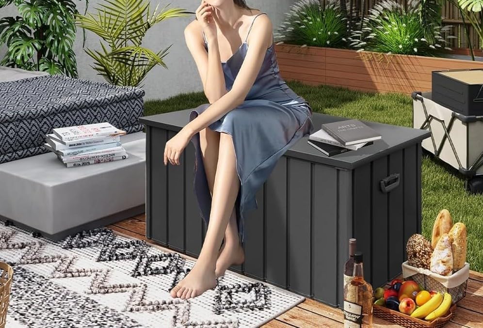 190 Gallon Waterproof Galvanized Steel Deck Box-Lockable Outdoor Storage Box & Outdoor Waterproof Storage Cabinet for Patio,Pool,Backyard.Storage Deck Box with Furniture Compatibility (Dark Gray)