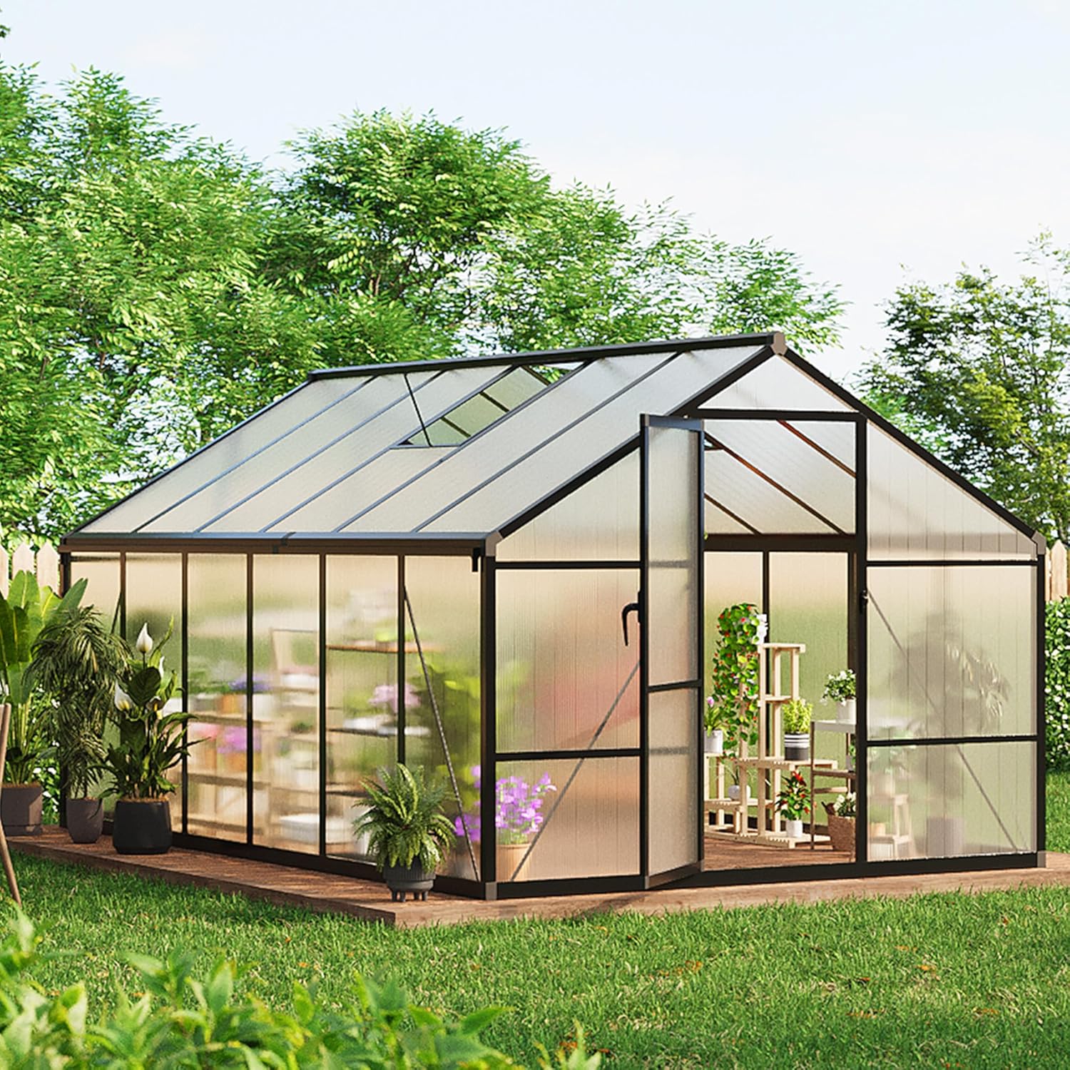 8X12 FT Greenhouse for Outdoors, Large Walk-in Polycarbonate Greenhouse Kit, Aluminum Frame, Lockable Door, Roof Vent, Ground Spikes, for Garden, Patio, Backyard, Outdoor Plant Growth